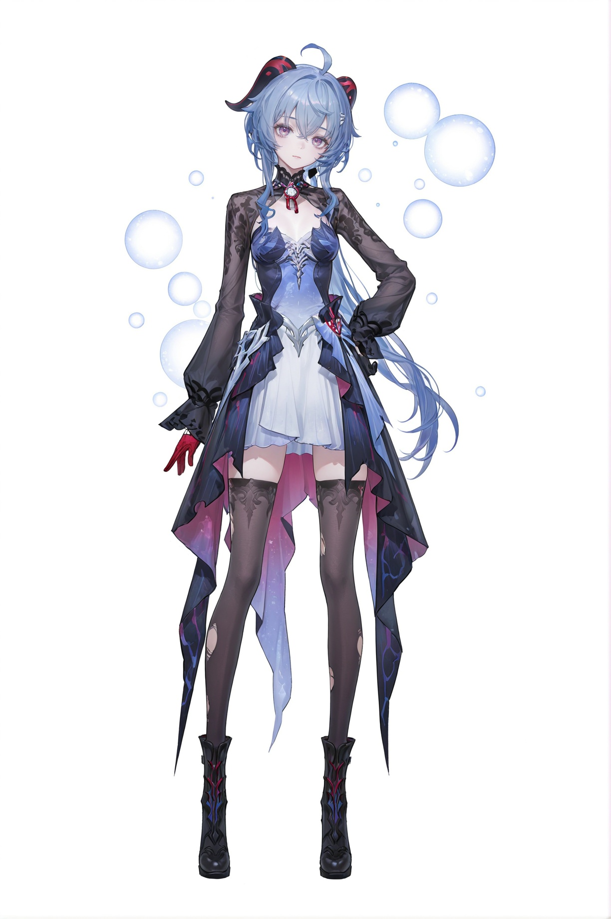 8k,best quality,masterpiece,(ultra-detailed),(high detailed skin),(artist:reoen:0.826446),(artist:machi:0.9),(artist:ningen_mame:0.9),(artist:sho_(sho_lwlw):0.9),(artist:rhasta:0.9),(artist:wlop:0.7),(artist:ke-ta:0.6),(fkey:0.5),(tianliang duohe fangdongye:0.5),(hiten \(hitenkei\):0.6),best quality,amazing quality,(artist:onineko:0.826446),very aesthetic,bokeh,masterpiece,best quality,<lora:wqmt-gnoob-Tanger:0.4>,Path to Nowhere  \(video game\),game CG,cool,full body,full shot,standing,looking at viewer,(solo:1.2),simple background,(white background:1.2),hand on own hip,(white background:1.1),<lora:Hysilens-ill-Tanger:0.9>,ganyu \(genshin impact\),blue hair,clothes: Hysilensdef white-and-black dress,Hysilensdef thighhighs,Hysilensdef mismatched gloves,long sleeves,torn thighhighs,black left glove,red right glove,