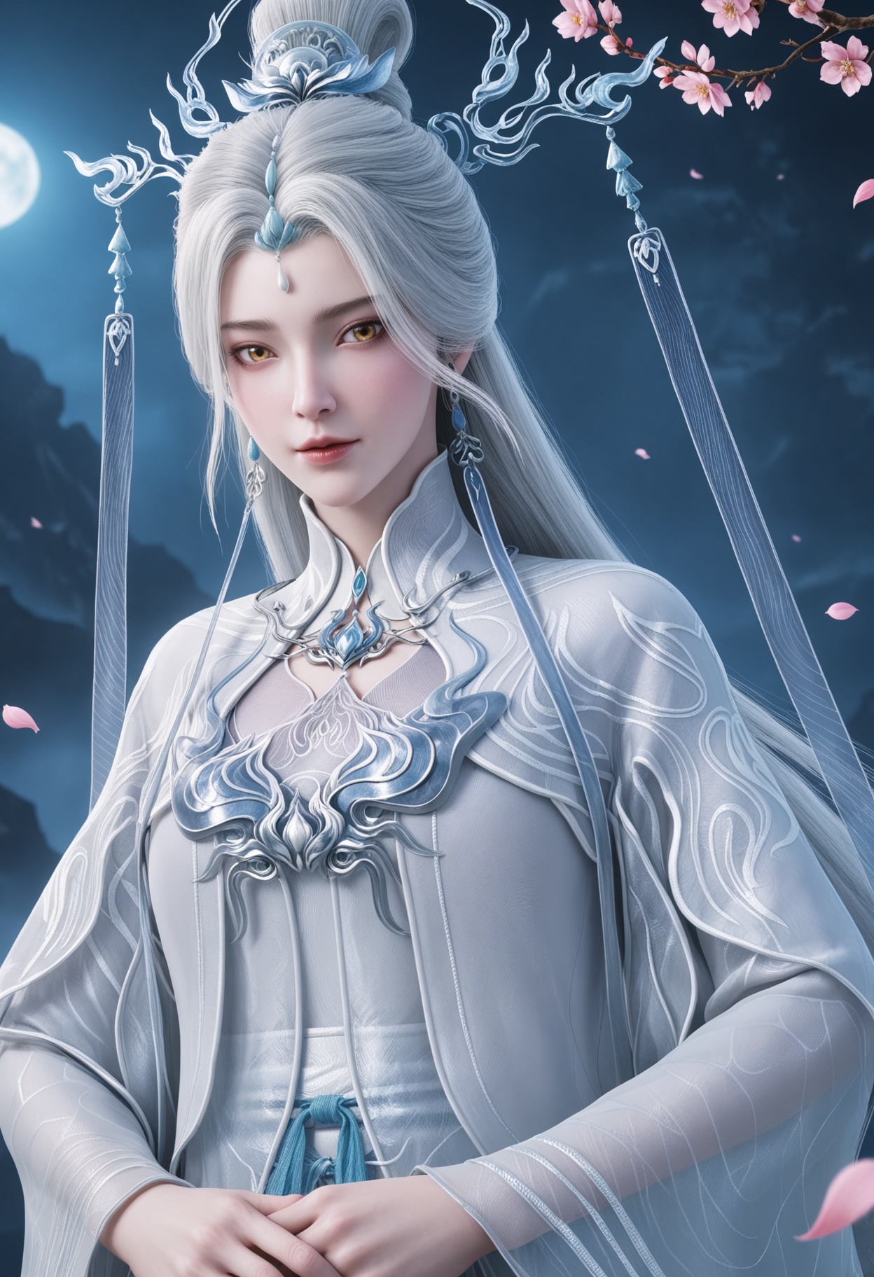 (upper_body:1.2),(looking at viewer:1.1),masterpiece,(best quality),smog,Dark room,dim lighting,peach blossom,falling petals,<lora:YQ_Illustrious光辉v5_剑妈_服装2_V1:0.8>,q1528437228,solo,1girl,white hair,long hair,jewelry,hair ornament,earrings,hair bun,chinese clothes,dress,long sleeves,white dress,yellow eyes,wide sleeves,forehead mark,brown eyes,robe,single hair bun,tassel,facial mark,