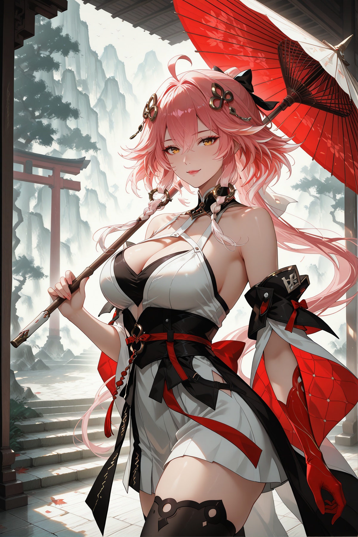 best quality,very aesthetic,pink lips,thin lips,domineering lady,*****,sexy,(from side:1.1),sakura-patterned furisode kimono,obi with golden crane embroidery,translucent uchikake overcoat,gradient indigo fabric folds,hairpin with dangling shide paper,maiko-inspired features: snow-white neck makeup,gradient pink lips,maple-leaf hair ornaments,dynamic composition: spinning parasol motion blur,floating ikebana petals,glowing kamon crest projection,fusion background: floating torii gate staircase,digitalized Kyoto nightscape,bioluminescent bamboo forest,holographic koi pond,pixel-art clouds,neon lantern arrays,technical specs: vertical 9:16 aspect ratio,ukiyo-e inspired linework,cel-shaded color blocks,8K silk texture mapping,sakura particle physics,ambient character glow,depth-blurred city lights,traditional washicolor gradients,chromatic aberration on neon elements,dynamic wind simulation on sleeves,metallic foil reflections,atmospheric perspective mist,anime-style rim lighting,wallpaper-optimized negative space,Pantone 2024 color scheme (mystic plum/digital gold).,cowboy_shot,<lora:长离长离:1>,changli,1 woman,yujie,long hair,bangs,hair ornament,thighhighs,gloves,dress,cleavage,hair between eyes,bare shoulders,yellow eyes,pink hair,ahoge,red hair,black thighhighs,white dress,no shoes,gauntlets,red gloves,single glove,single gauntlet,