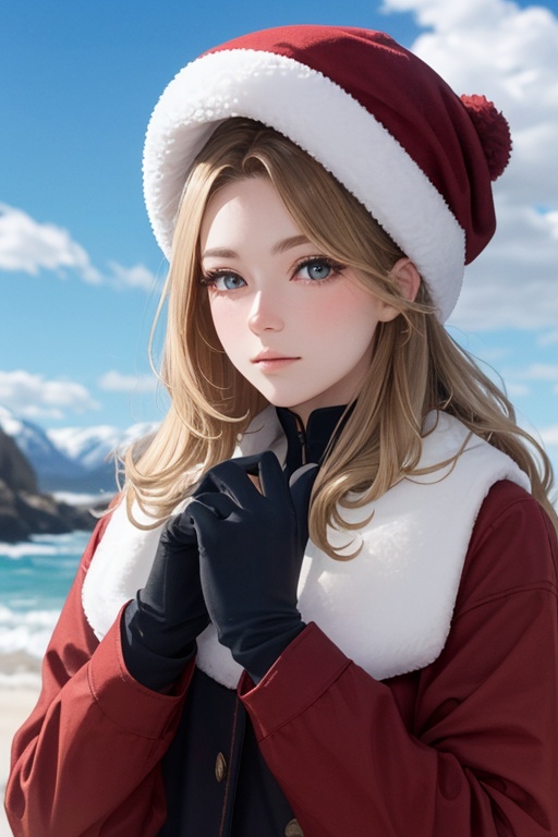 (masterpiece,best quality:1.5),ultra realistic,32k,RAW photo,(high detailed skin:1.2), 8k uhd, dslr, soft lighting, high quality, film grain,pixiv ,(🌊,🕌),🌱, lady,( Burgundy Mixing and matching different shades of the same color:1.1),long hair, (Sandy Blonde Long waves ,fur hat), in the Mountain,medium  breast,winter day,(❄️),blue sky,(gloves),[🇬🇧:🇰🇷:0.5],