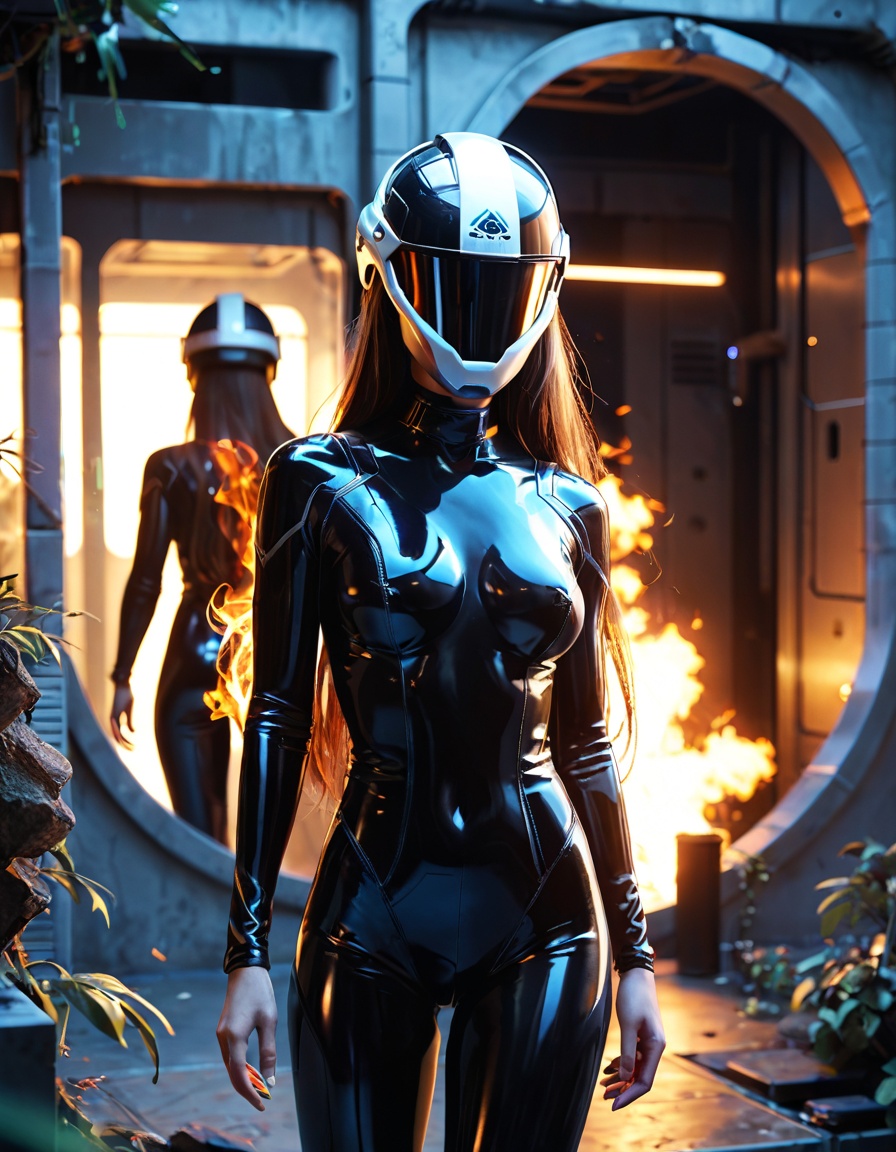 score_9,score_8_up,score_7_up,1girl,slender,very long hair,medium breasts,hair is burning,no_face,full_helmet,mirror_helmet,high_tech_bodysuit,glowing_clothes,golden hour lighting,cowboy_shot,cyberpunk city,building_ruins,fantasy,mcnm,