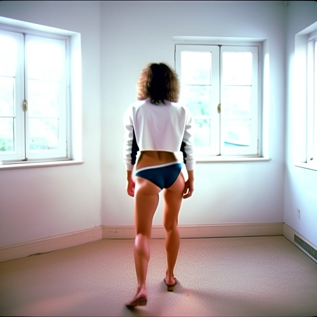 This photograph captures a woman standing in a minimally decorated room with white walls and beige carpet. She is position...