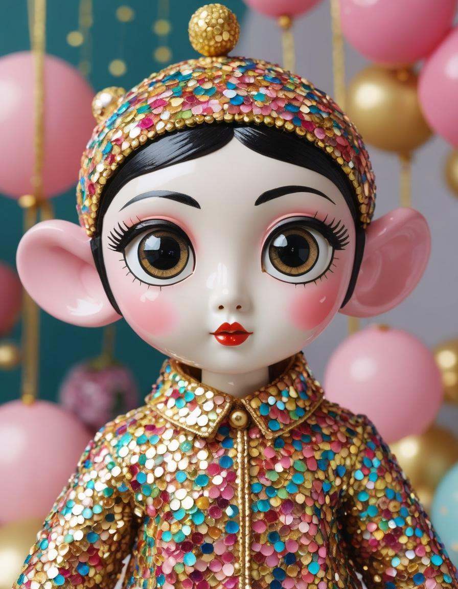 A whimsical character, dressed in sequined clothes, with large eyes and rosy cheeks. Inspired by the playful designs of Liu Haisu.