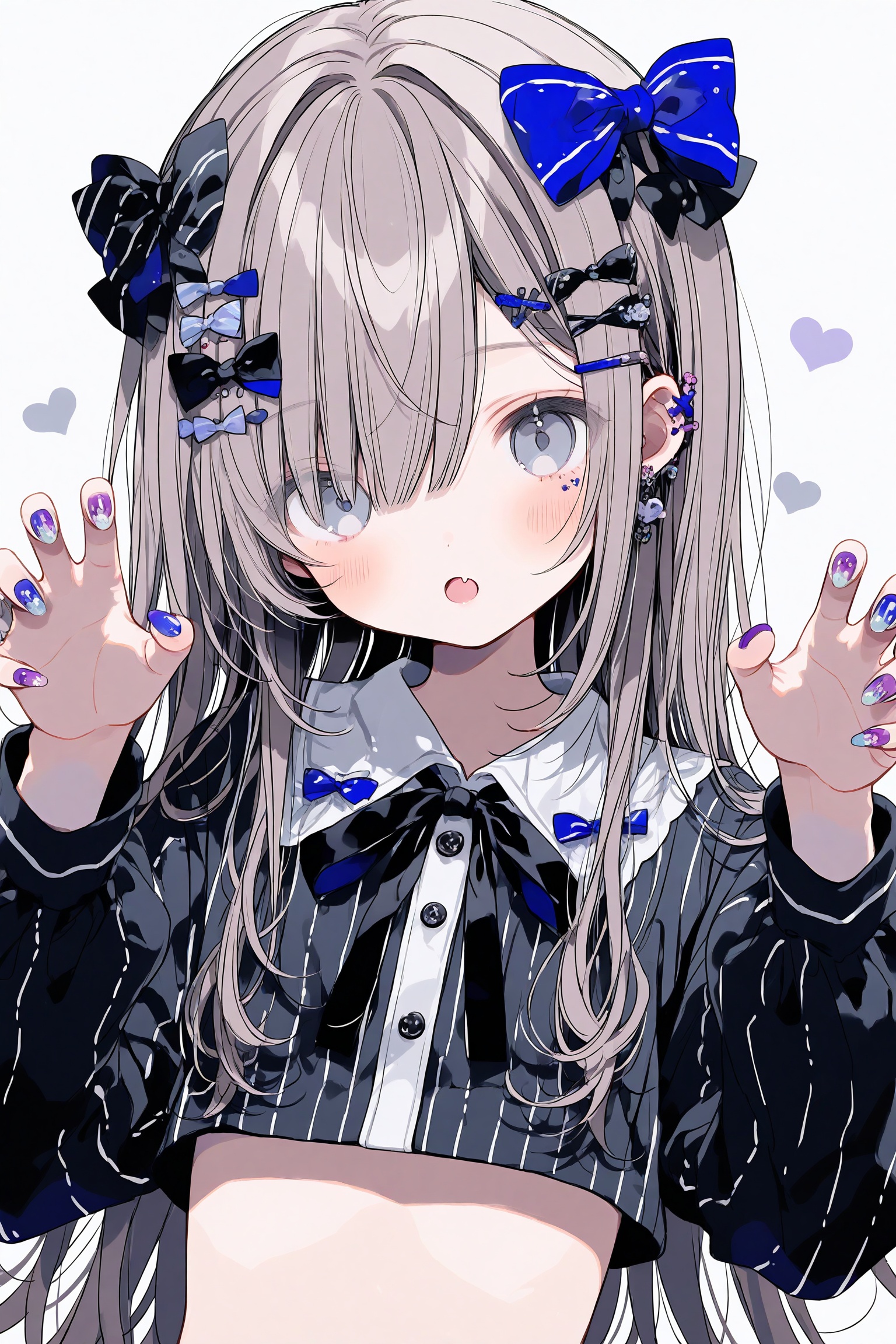 loli 1girl solo long hair hair bow bow shirt upper body long sleeves hair ornament fang purple nails simple background looking at viewer nail polish open mouth black shirt striped clothes grey hair vertical-striped clothes grey eyes black bow fingernails striped shirt ribbon crop top collared shirt neck ribbon hands up skin fang vertical-striped shirt buttons x hair ornament grey background white background blue nails :o claw pose hair between eyes hair over one eye jewelry black ribbon pinstripe pattern one eye covered midriff arms up very long hair long fingernails hairclip multicolored nails blue eyes striped bow nail art breasts cropped shirt wing collar brown hair puffy sleeves purple eyes sidelocks pinstripe shirt blue bow parted lips,<lora:lp23-000051:0.7>,