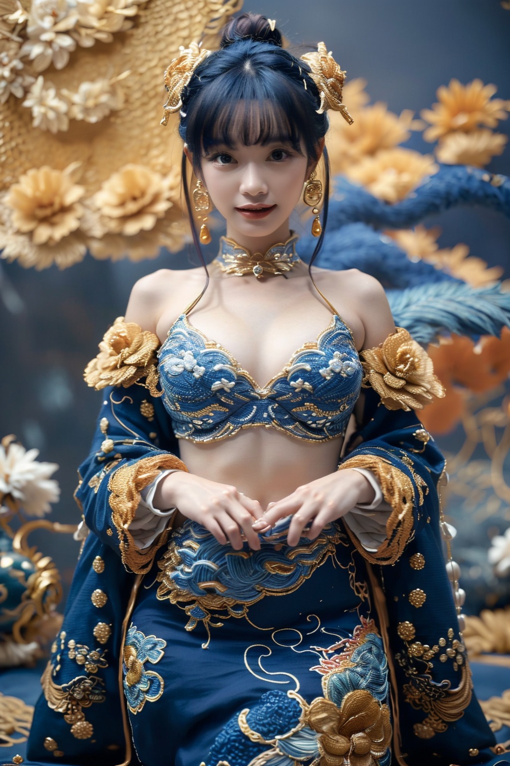 a blue and gold image of a Chinese Loong,  realistic fine details,  Chinese embroidery on Tensor.Art