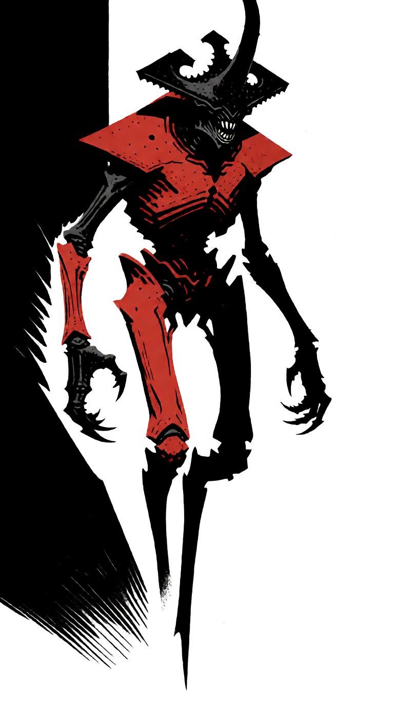 A tall,  skinny,  insectoid eldritch horror named FLESK. Its body is composed of a red angular carapace on Tensor.Art