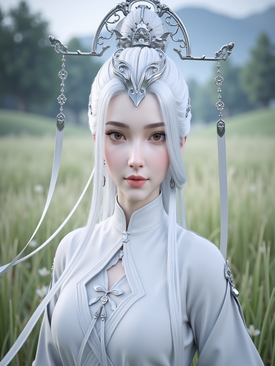 mmgjianma,3D animation of a female,outdoors,white hair,