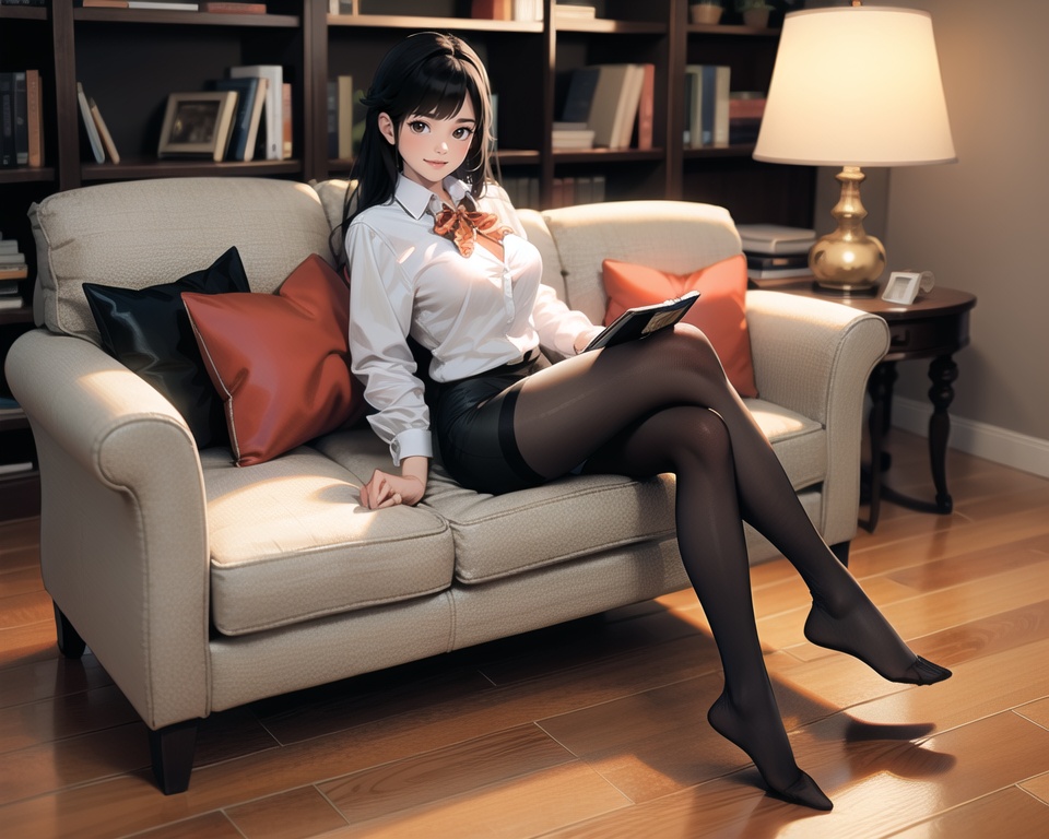 (best quality), ((masterpiece)), (highres), illustration, original, extremely detailed,1girl, book, pantyhose, long hair, shirt, no shoes, crossed legs, sitting, cat, plant, brown eyes, solo, underwear, indoors, bow, bookshelf, potted plant, bra, breasts, bowtie, white shirt, looking at viewer, black hair, black pantyhose, chair, smile, wooden floor, dress shirt, no pants, thighband pantyhose, armchair, lamp, long sleeves, sparkle, black bra, collared shirt, cleavage, bangs, medium breasts, full body, couch, open book