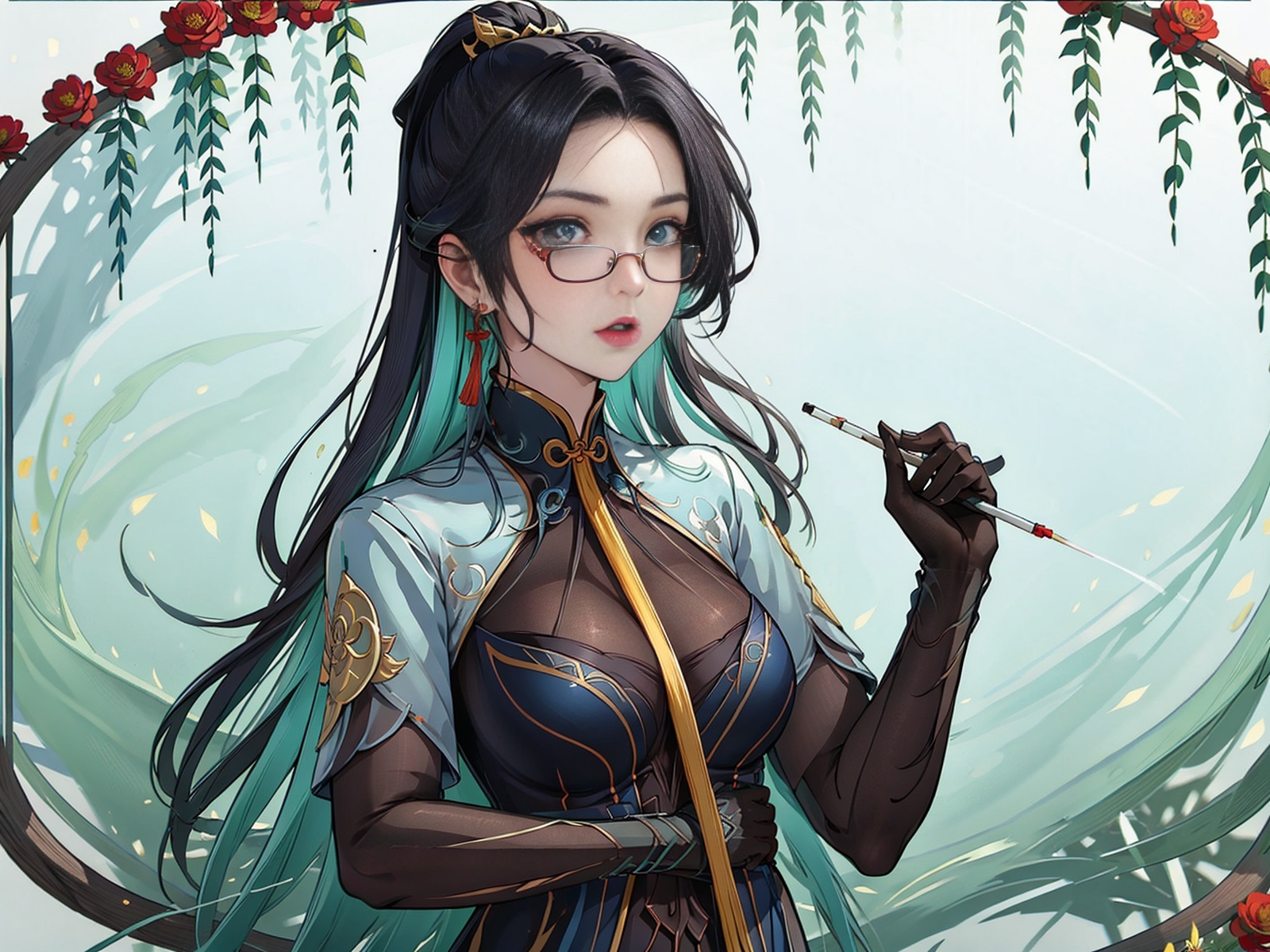 genshin_impact,Cloud Retainer,liuyunjiefeng, liuyunjiefeng_(genshin_impact),a woman with long hair and a white dress holding a cigarette in her hand and a flower in her hair, 1girl,solo, glasses, hair_over_one_eye, earrings, flower, breasts, long_hair, green_eyes, dress, solo, chinese_clothes, black-framed_eyewear, jewelry, very_long_hair, looking_at_viewer, china_dress, long_sleeves, wide_sleeves, holding