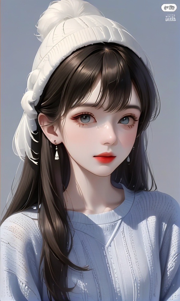1girl,solo,greyscale,monochrome,looking at viewer,realistic,sleeves past wrists,watermark,lips,bangs,long sleeves,closed mouth,grey background,web address,long hair,upper body,sweater,simple background,nose,