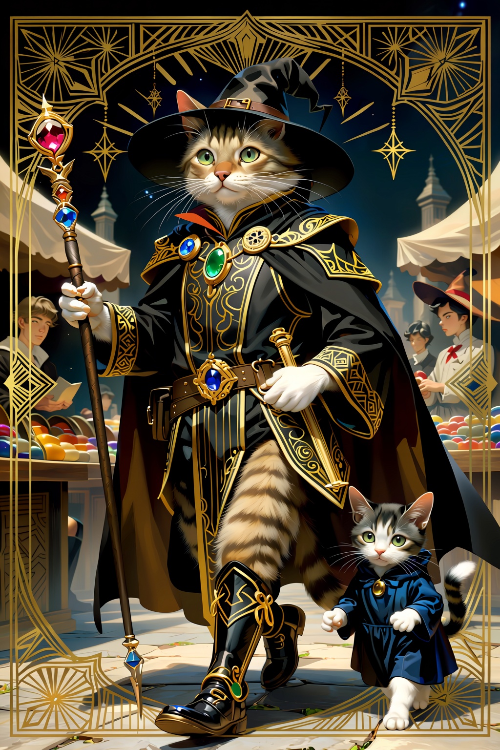 wallpaper digital illustration of A cat dressed as a wizard with staff on one hand and wearing a black robe adorned with g...