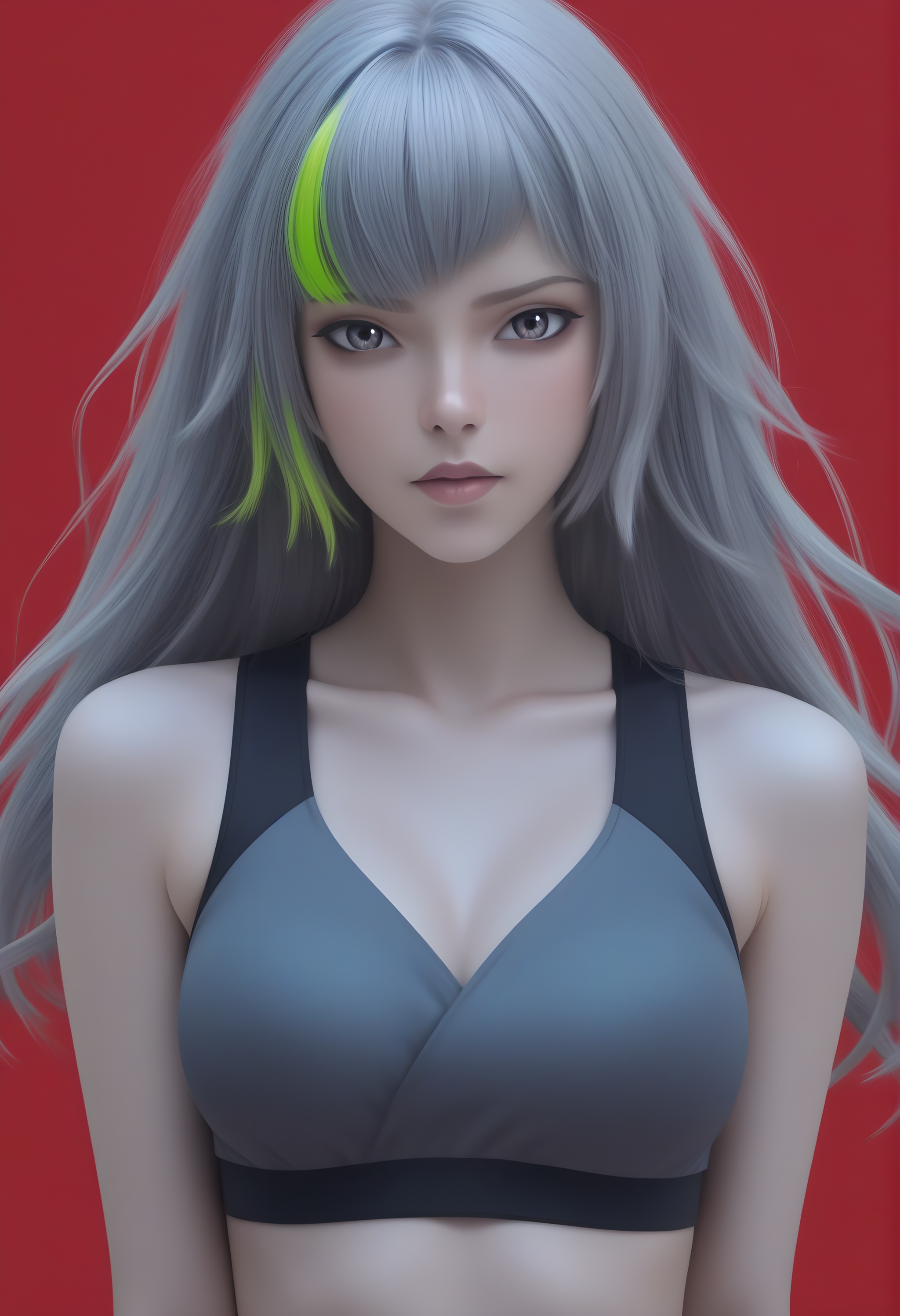 (score_9),<lora:白月魁pony-v2:0.8>,long hair,(light_eyes:1.1),(shiny_eyes:1.1),(glowing_eye:1.1),gray eyes,grey hair,(green streaked hair),streaked hair,sportswear,bra,panties,groin,(mound of venus),looking at viewer,front view,BREAK(red background),masterpiece,best quality,absurdres,highres,hd,eyelashes,eyes,perfecteyes,realistic,