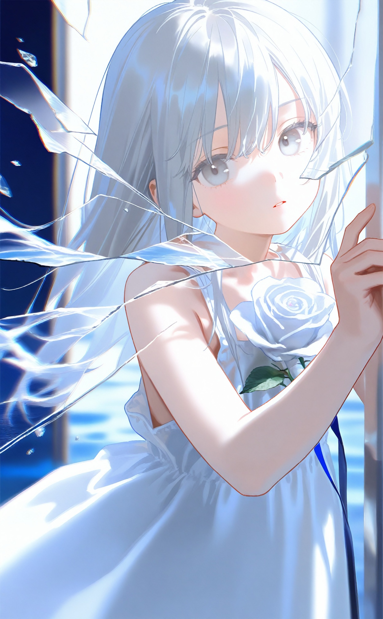 masterpiece,blurry background,background light,loli,loli,1girl,solo,long hair,dress,looking at viewer,white eyes,glass,white dress,grey eyes,white hair,flower,broken glass,white theme,dress flower,blue theme,bare shoulders,glass shards,white flower,reaching,reaching towards viewer,water,parted lips,closed mouth,sleeveless,reflection,sleeveless dress,white rose,watermark,expressionless,