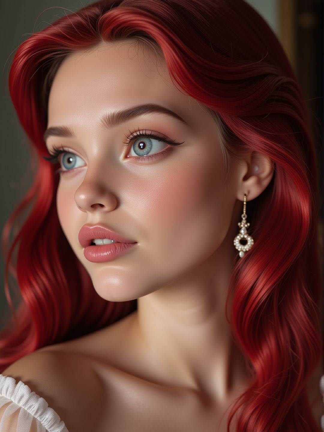 A very close shot of a young woman face,  focusing on her lips. 18yo. She wears earrings and eyeliner. She is looking away...