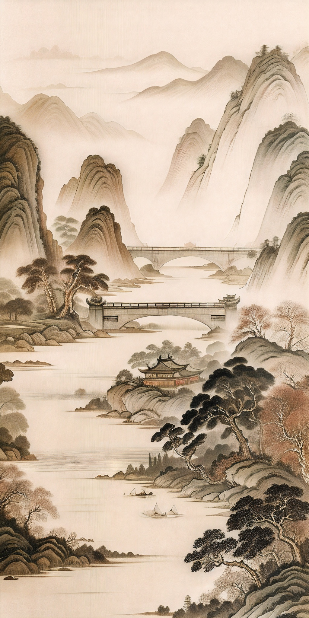 QIEMANCN,chinese painting,chinese style,a painting of a city with a bridge and a river in the middle of it,