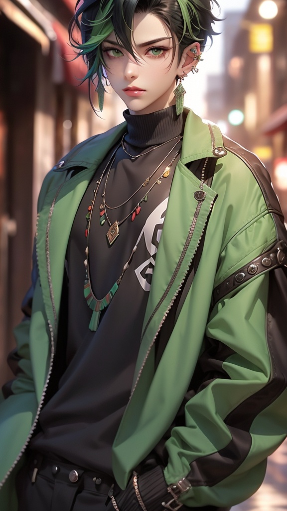 CG,jewelry,1boy,black hair,solo,earrings,piercing,looking at viewer,short hair,necklace,mole,jacket,mole under eye,upper body,blurry,multicolored hair,blurry background,ear piercing,1girl,closed mouth,black shirt,letterboxed,green eyes,shirt,red lips,makeup,turtleneck,braid,lips,green hair,