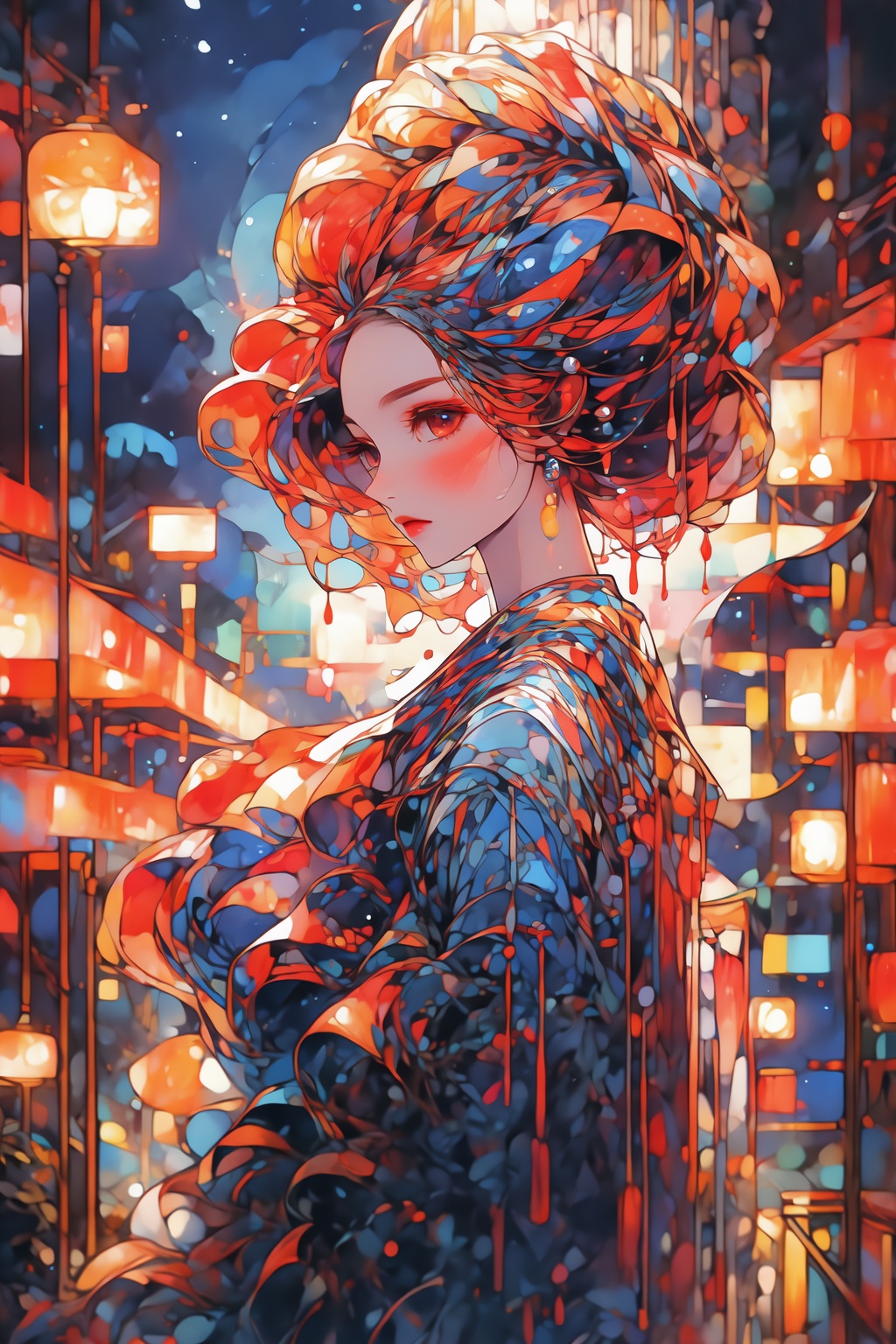 <lora:agchbl_64-000014:0.9>,agchbl,1girl,solo,upper body,street,red hair,night,Colorful dress,Facing the audience,