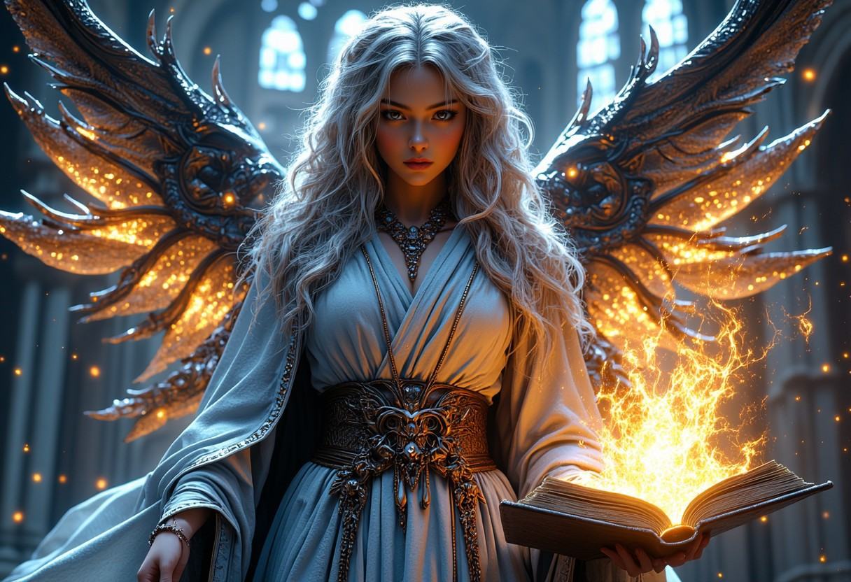 a close up shot of a beautiful angel,  wearing magical robe,  beautiful glowing wings on Tensor.Art