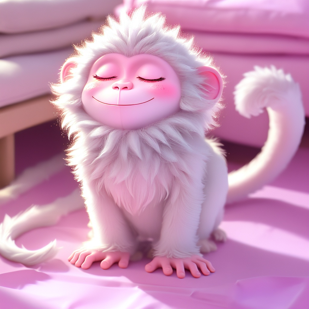 shenhou,monkey,fluffy,sunlight,light particles,whiskers,cute,cc-color-correction,mf-movie-filter,warm colors,whimsy and dramatic lighting,white fur,soft lighting,monkey focus,no humans,closed eyes,smile,closed mouth,indoors,on bed,full body,blurry,pink theme,sleeping,sitting,pink background,<lora:shenhou_v1:0.8>,