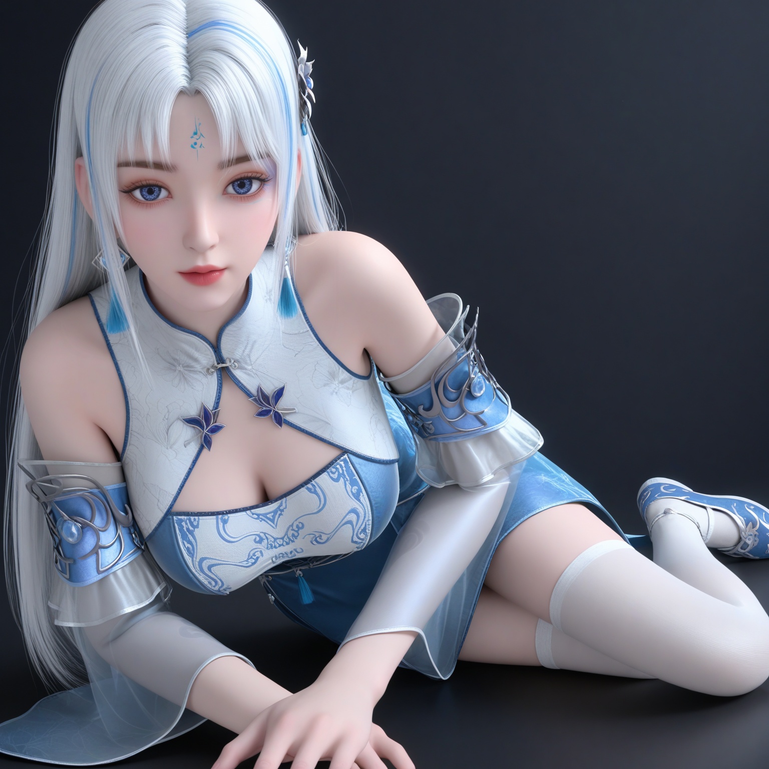 (upper_body:1.1),(huge breasts:0.9),87.<lora:YQponysuchangqingV2:0.8>,(q1528437228:1.1),1girl,solo,long_hair,white_hair,dress,earrings,jewelry,bare_shoulders,detached_sleeves,blue_eyes,blue_dress,clothing_cutout,chinese_clothes,hair_ornament,forehead_mark,blue_hair,facial_mark,multicolored_hair,thighhighs,china_dress,white_thighhighs,tassel_earrings,streaked_hair,bangs,tassel,skirt,blue_footwear,shoes,,blush,(looking_at_viewer:1.1),BREAKintricate details,shiny_skin,solo focus,(blurry background:1.1),(depth of field:1.1),perfect_anatomy,(cinematic lighting:0.9),(volumetric lighting:0.9),(simple background,pure black background,black background:1.1),
