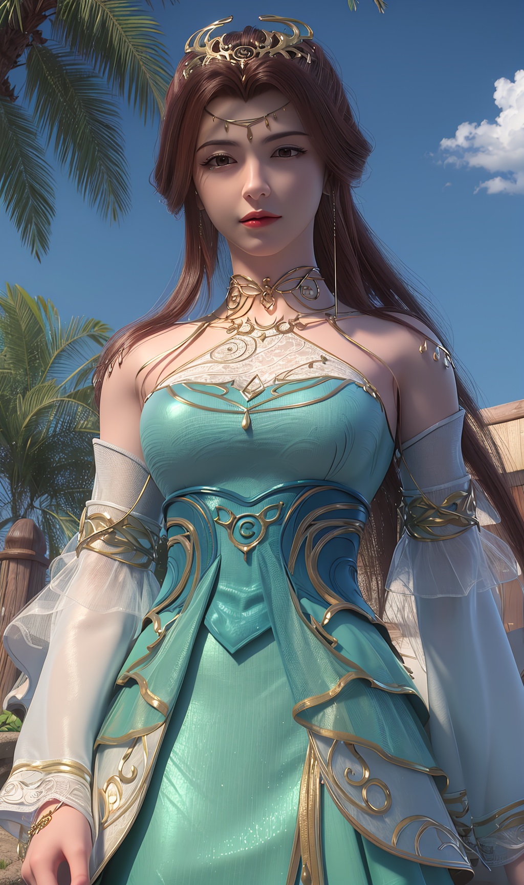 3D,masterpiece,(best quality),official art, extremely detailed cg 8k wallpaper,((crystalstexture skin)), (extremely delicate and beautiful),(highly detailed),(1girl), (solo), (jewelry), (breasts), (earrings), (brown_hair),(hair),(hair_ornament),(handwear),  (long_hair), (medium_breasts), (clothes),(dress),(skirt),(long_sleeves) ,((upper body)),(sunshine, outdoor,),((looking_at_viewer)),((Facing the camera)),, <lora:hipoly3DModelLora_v10:0.3>