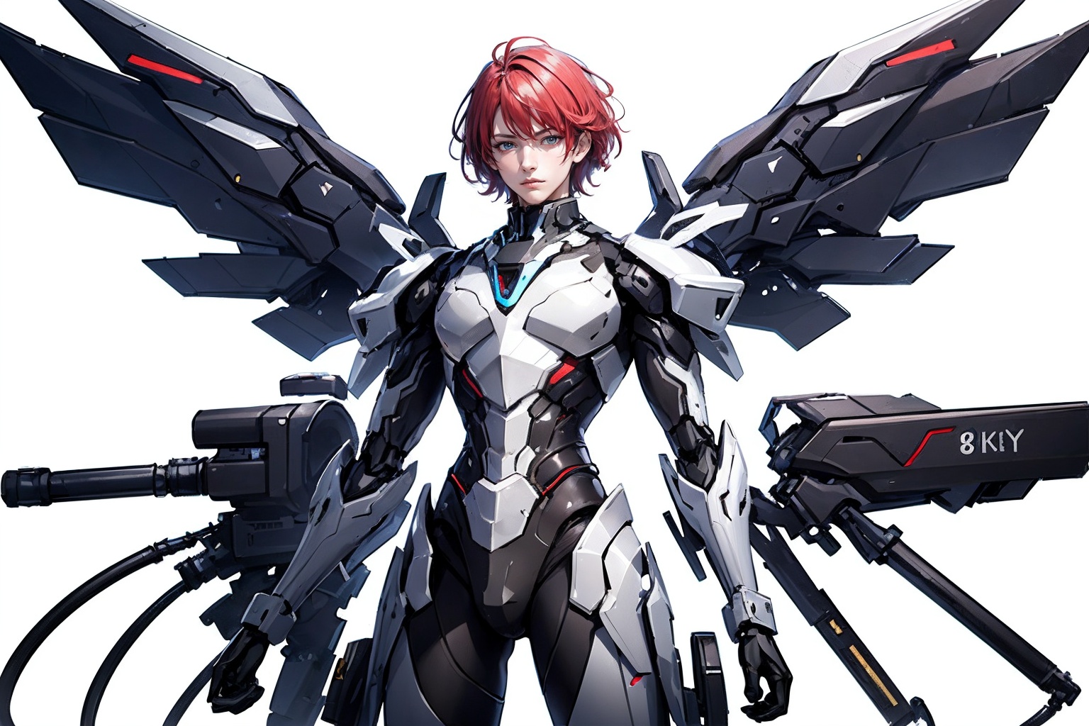 1boy,concept artwork,red hair,(a lonely solo boy:1.4),sky,wing,sitting on the ground,wings with fans,graphics card fan,strong male mecha warrior,mighty and domineering,cool mecha,32k,blue and white color scheme,white armor,<lora:atai_20240121203524-000008:0.7>,white_background,standing,cowboy_shot,