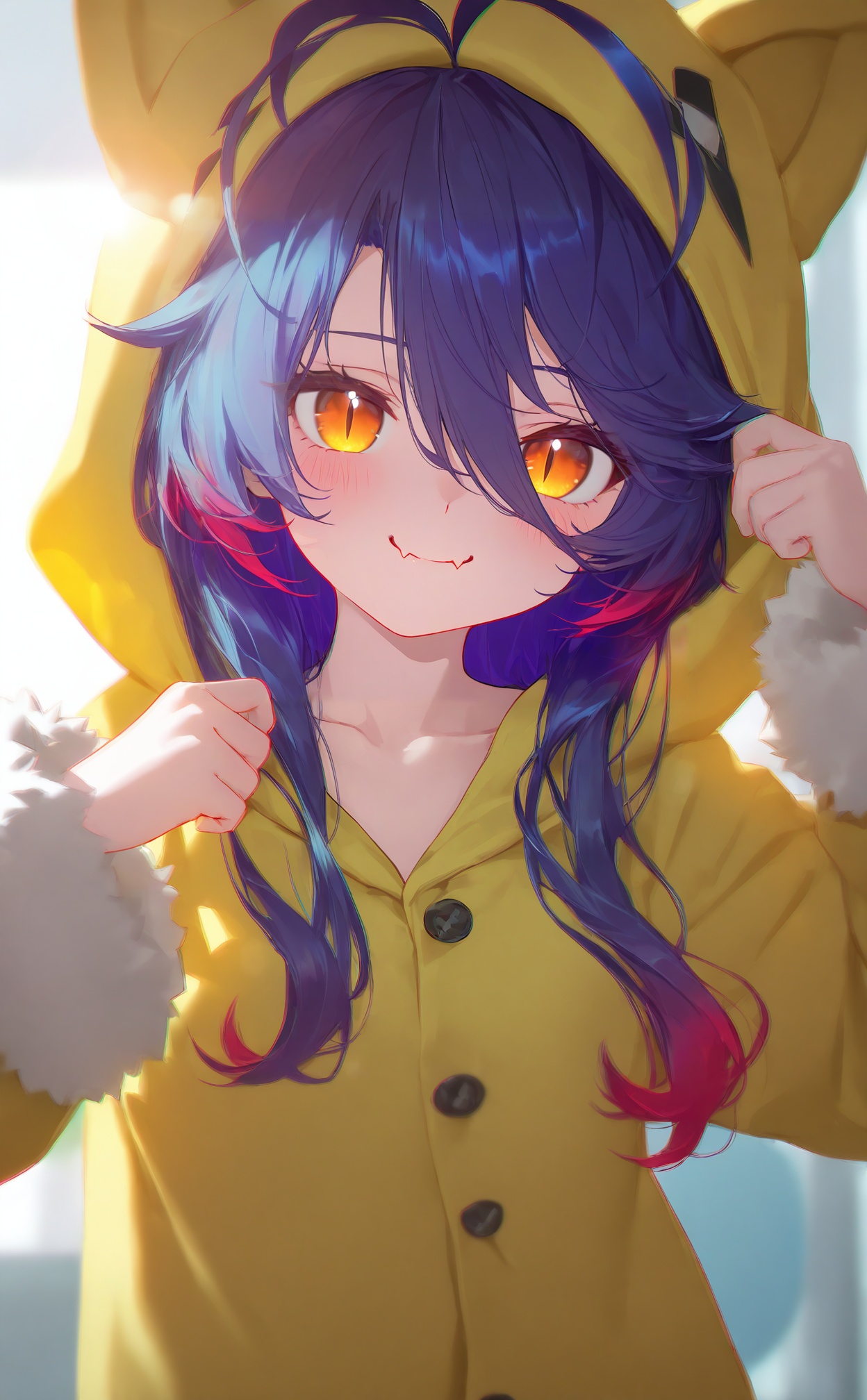 masterpiece,absurdres,best quality,high quality,chromatic_aberration,loli,petite,//,1girl,purple hair,solo,hair between eyes,long sleeves,hood,hood up,long hair,looking at viewer,hands up,closed mouth,blush,yellow eyes,multicolored hair,upper body,smile,pajamas,gradient hair,fur-trimmed sleeves,animal hood,fur trim,antenna hair,clenched hands,skin fangs,skin fang,slit pupils,hoodie,orange eyes,collarbone,blue hair,yellow hoodie,fangs,red hair,fang,blurry,jacket,//,highres,HDR,8K,high contrast,illustration,depth of field,(colorful),Tyndall effect,contrast,lens flare,//,//,<lora:nyalia4——【noob】hans:1>,