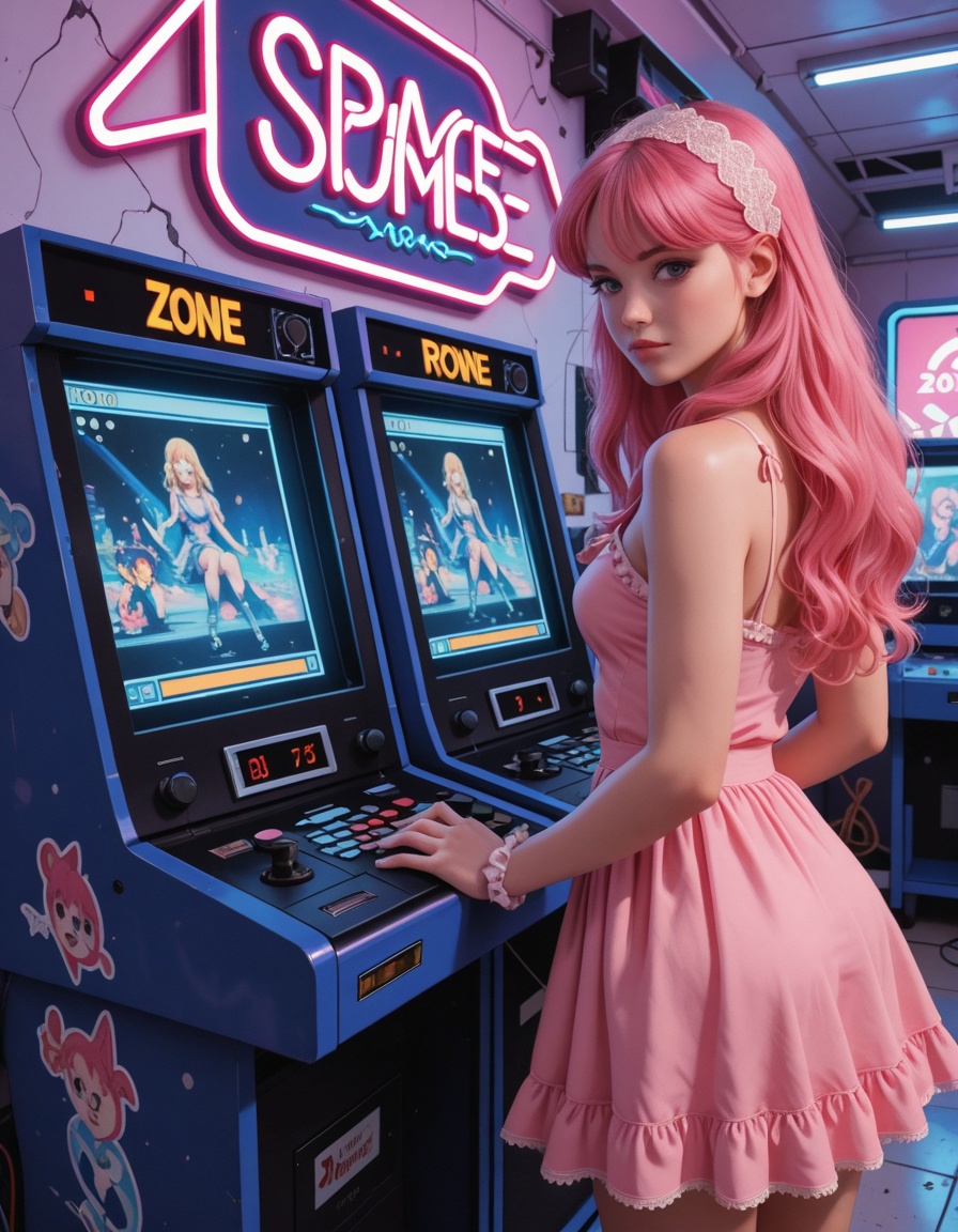 lazypos,  80s style of young woman game room,  A space dedicated to arcade games on Tensor.Art