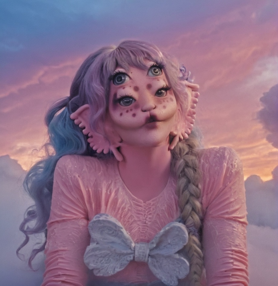 Melanie,  an exquisite woman with rosy cheeks and pink-blue-purple hair styled in long,  wavy locks with two curly pigtail...