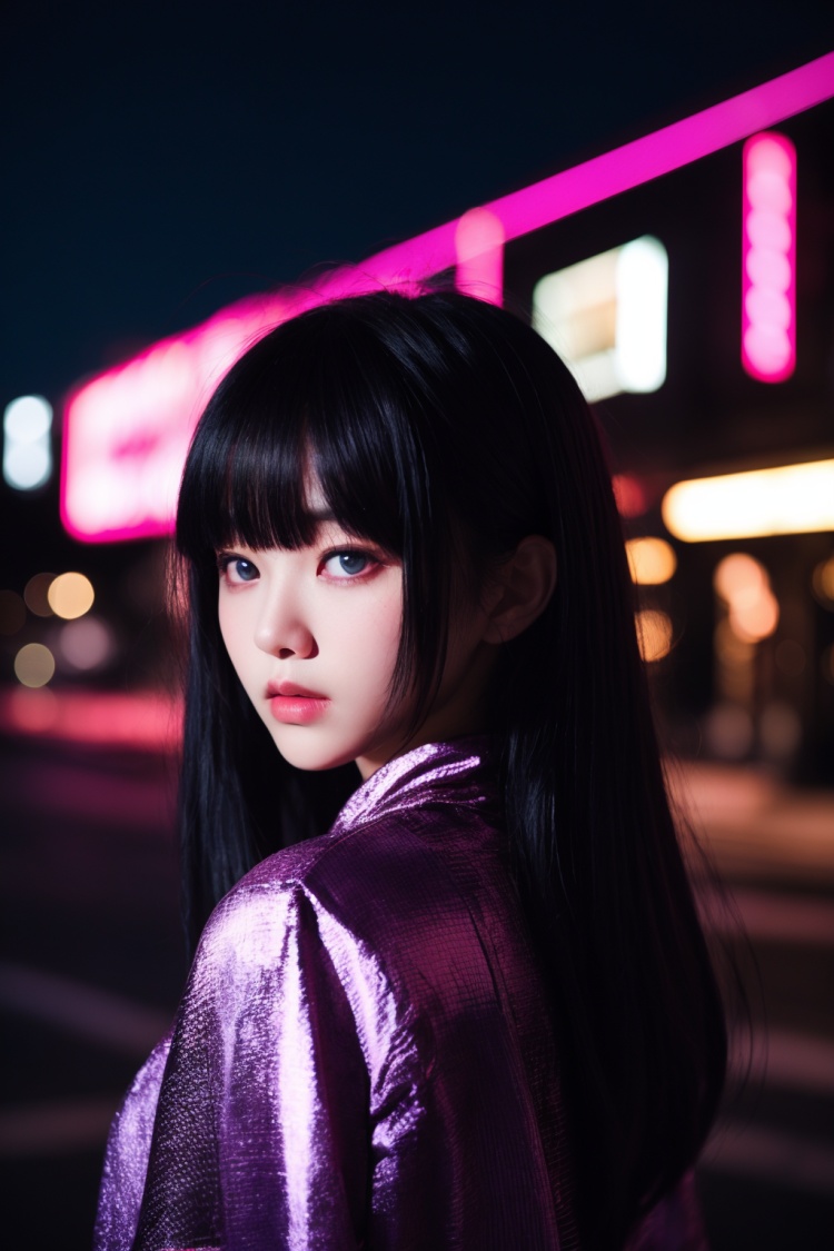 Bobo head, bangs, solo, 1girl, black hair, purple hair, (dark theme: 1.2), visually stunning, beautiful, complex, light pollution, pink light, blue light