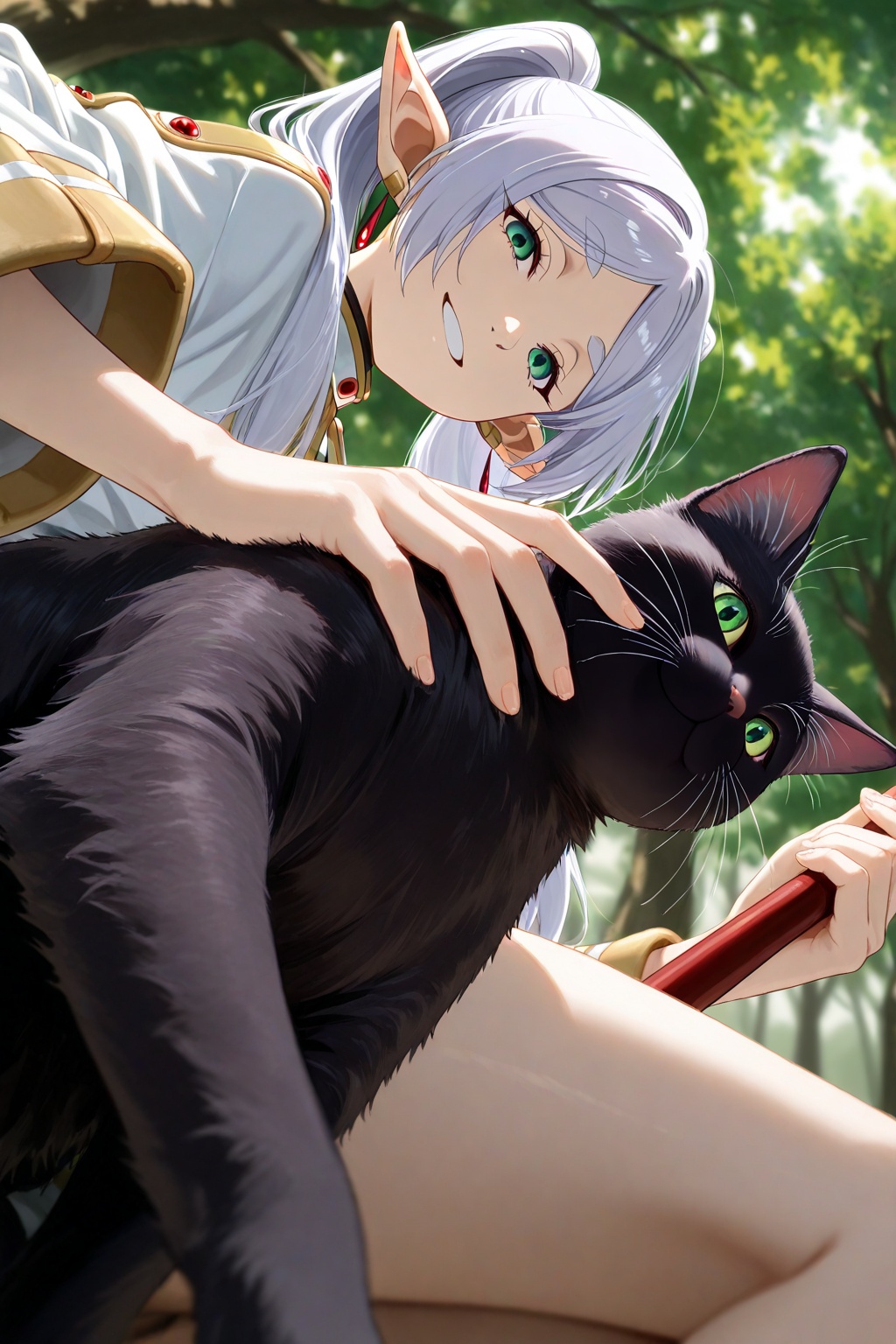 Frieren, smiling, holding black cat, enchanted forest,no hand in frame,masterpiece, best quality, good quality, very aesthetic, absurdres, newest, 8K, depth of field, focused subject, close up, stylized, wabi sabi, 1girl,  looking at viewer, dynamic angle, from below, from side, relaxing in the style of cksc, in the style of cknc, artist:moriimee, in the style of ck-rw