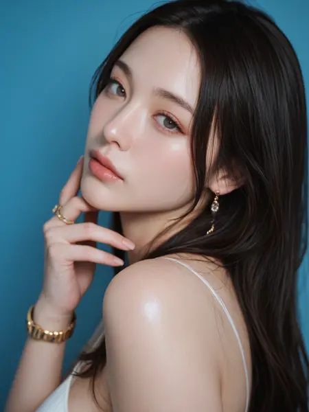 masterpiece, ultra-HD, high detail, best quality, 8k,hyper-realistic, real skin, skin blemish. film grain, high-contrast,1woman, mature female,multiple accessories, gold arm-ring,view from side, dynamic angle,simple blue background,50mm lens, naturally blurred background,<lora:Add-cfg_scale_boost:0.2><lora:Add-*******_style_v1_pony:0.8><lora:Body-RealSkin_xxXL_v1:0.1><lora:MoriiMee_Gothic_Niji_Style__Pony_LoRA:0.2> <lora:contract_controller_illus01_v1:0.1>