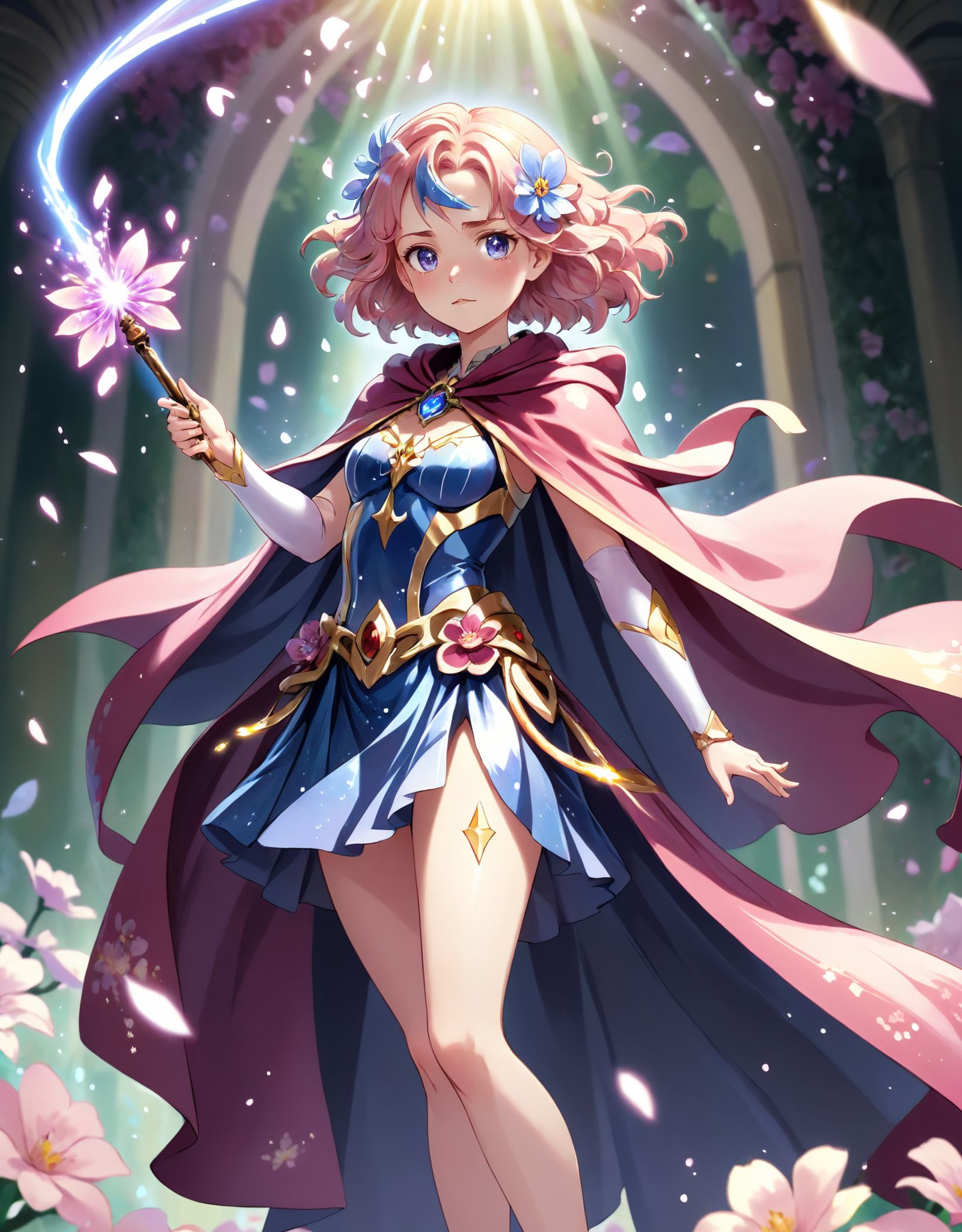 lustration of Cure Fleur standing gracefully with her magical wand,  surrounded by shimmering flower petals,  and casting...