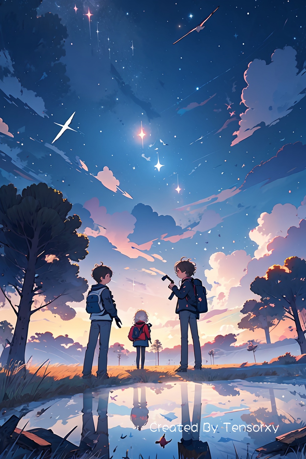 short_hair, multiple_girls, skirt, black_hair, 1boy, 2girls, standing, jacket, outdoors, sky, cloud, bag, from_behind, tree, night, bird, backpack, cloudy_sky, grass, star_(sky), scenery, starry_sky, reflection, sunset, shooting_star