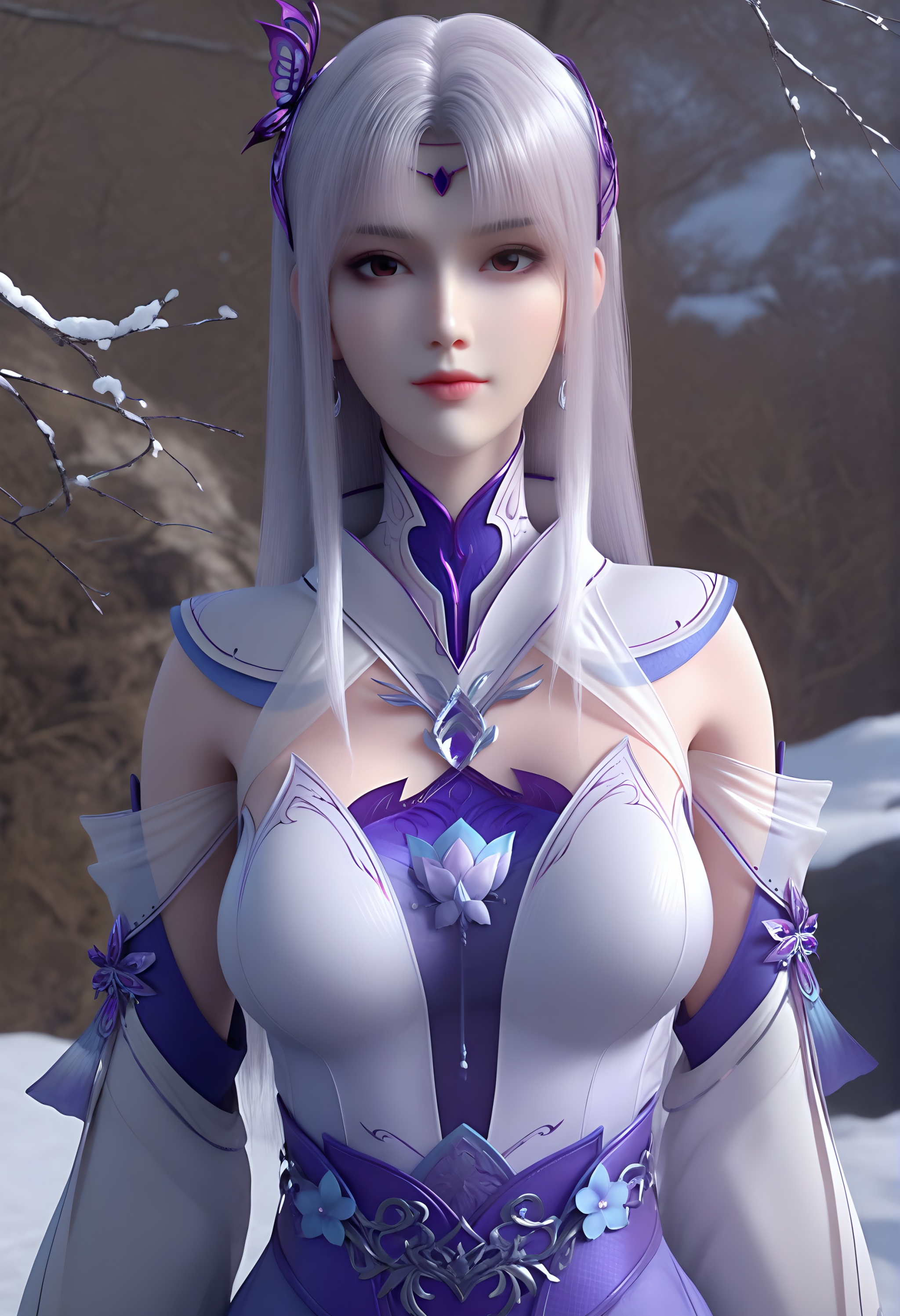 (score_9),<lora:小医仙白-apony:0.83>,xiaoyixian,solo,1girl,hair ornament,long hair,silver hair,headpiece,butterfly hair ornament,crescent earrings,high collar,detached collar,chest jewel,dress,detached sleeves,jewelry,<lora:Expressive_H-000001:0.8>,light blush,looking at viewer,front view,spoken heart,dutch angle,dynamic_angle,(mature_female:1.2),collarbone,pointy breasts,puffy breasts,(large teardrop breasts),<lora:e肤色滑块:0.5>,fair_skin,(pale_skin),(white_skin),<lora:e色温:0.35>,light skin,ultra-detailed skin texture,detailed textures,<lora:皮肤凹痕:1.2>,BREAKsimple background,in snow,Tyndall effect,available light,depth of field,tree,snowflakes,branch,twig,Tyndall effect,available light,depth of field,rock,4K ultra HD,sharp focus,high detail,natural lighting,high contrast,