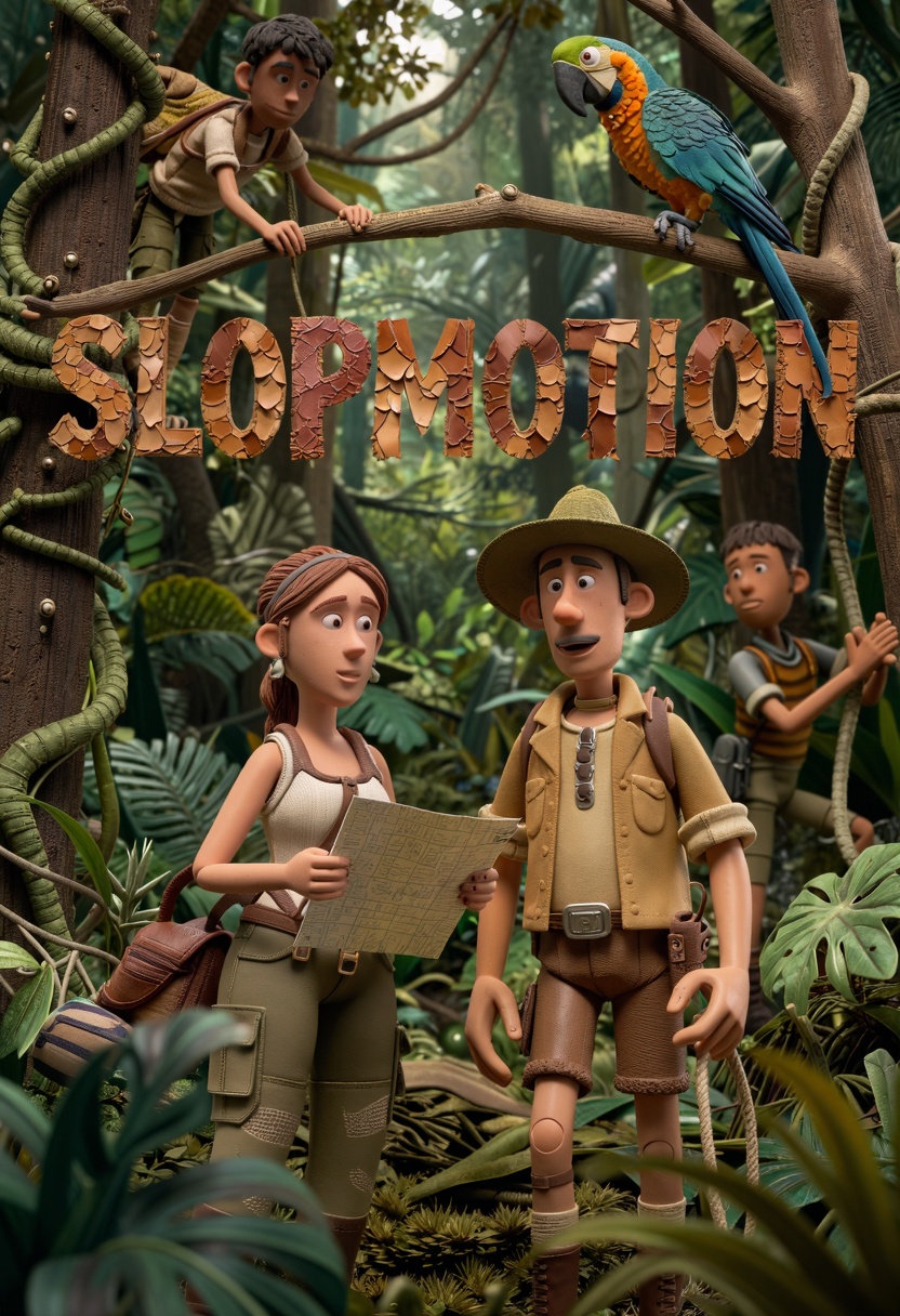 claymation,  the text "SLOPMOTION" centered prominently,  made of scraps of leather with thick on Tensor.Art