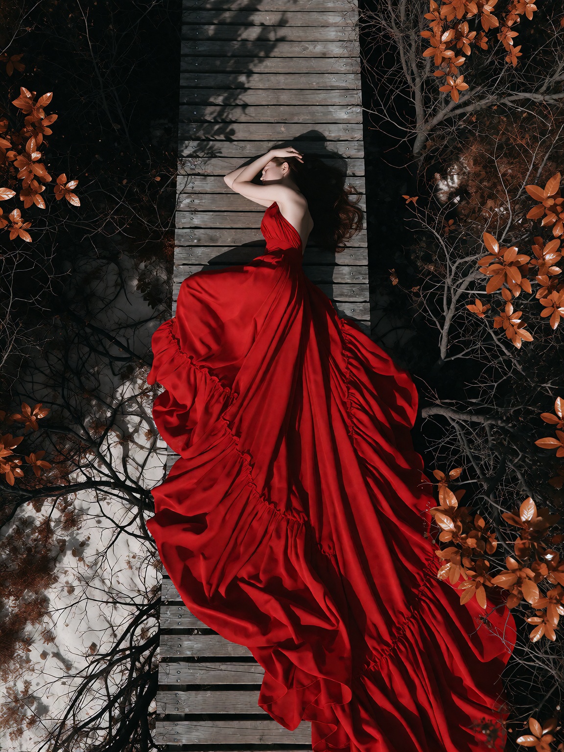 aerial top-down photography,  figure lying flat on a straight wooden boardwalk,  wearing a massive flowing vibrant red dre...