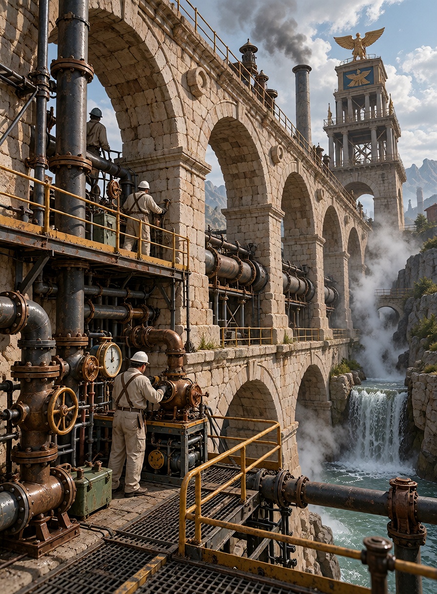 A monumental Roman aqueduct reimagined as part of an industrial water and power distribution system,  massive stone arches...