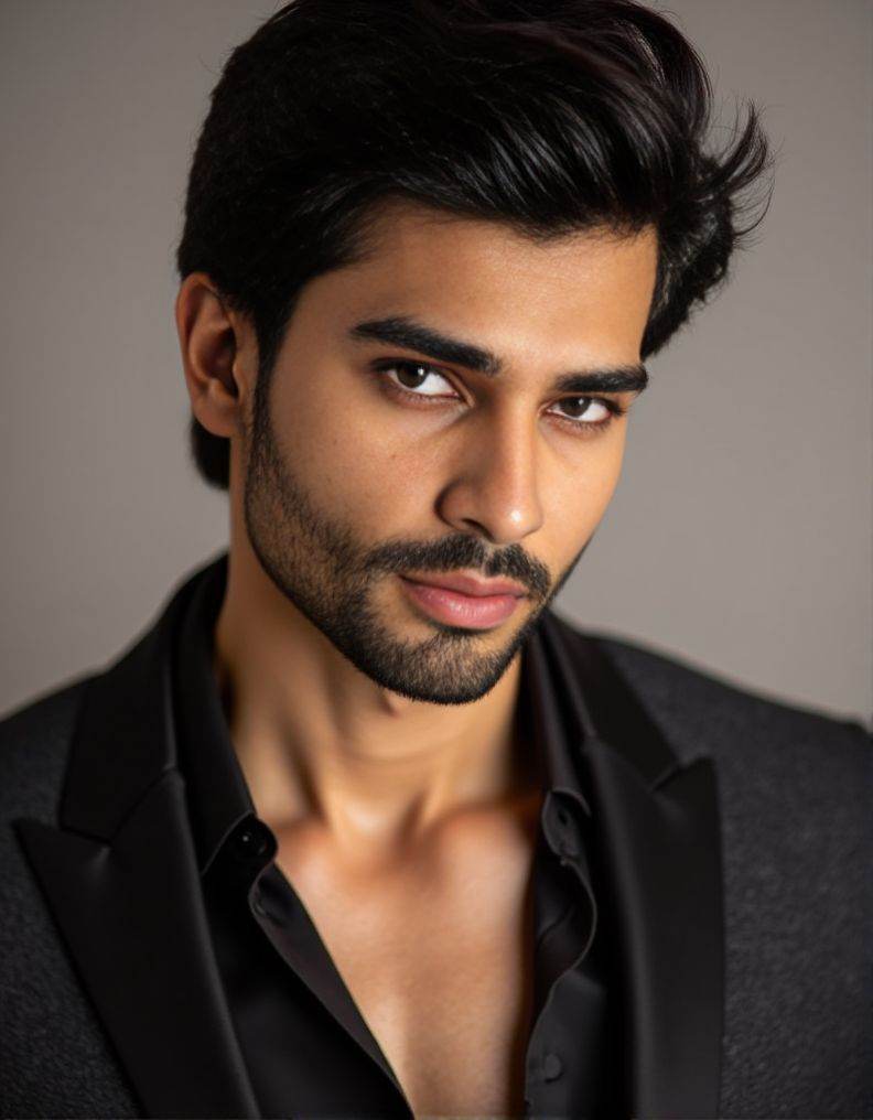 Rohit Khandelwal ,  posing confidently at during a portrait photoshoot. The scene is focused on a headshot. intense gaze a...