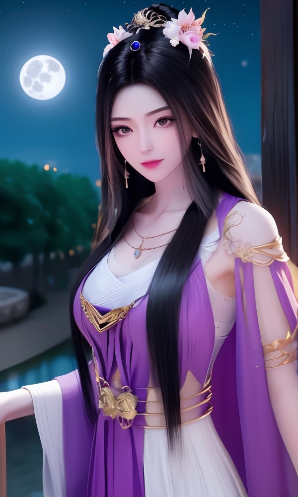 (,1girl, ,best quality, ),looking at viewer, <lora:395-DA-凡人修仙传-紫灵:0.8> ,ultra detailed background,ultra detailed background,ultra realistic 8k cg,, ,masterpiece, (( , )),, ,tamari \(flawless\),  ,   cure blossom, full moon,night,night sky,  (()), (), ,, , jewelry, necklace, solo, , , , hair_ornament, , earrings,large breasts,,  , ,