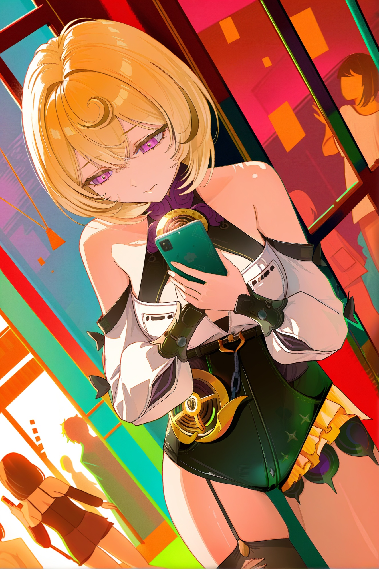 Yidhari\(ZenlessZoneZero\), thighhighs, phone, purple eyes, blonde hair, breasts, multiple girls, holding, short hair, 2girls, holding phone, torn clothes, cellphone, torn thighhighs, virtual youtuber, single thighhigh, smartphone, black thighhighs, bare shoulders, solo focus, dutch angle, detached sleeves, garter straps, medium breasts