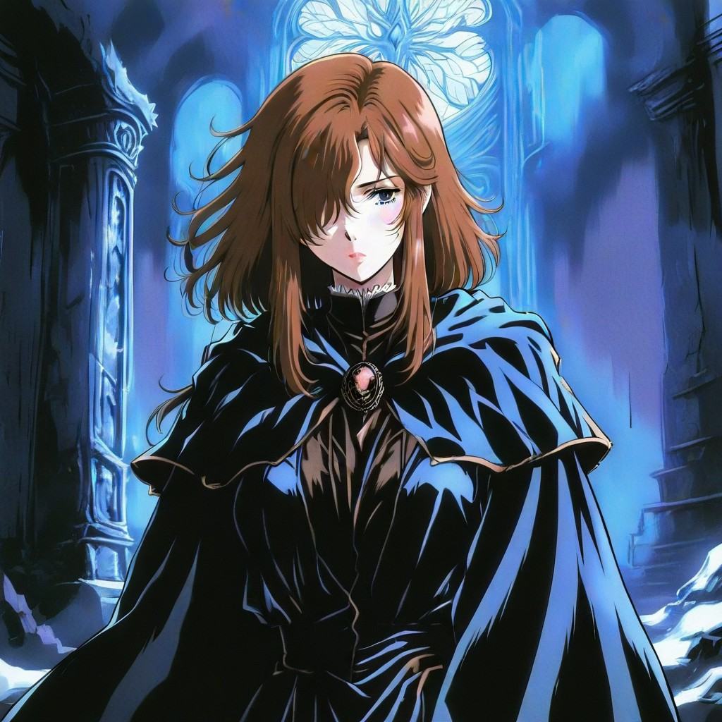 Dark fantasy retro illustration,  melancholic lone character standing in ruins,  long cloak flowing in cold wind on Tensor...