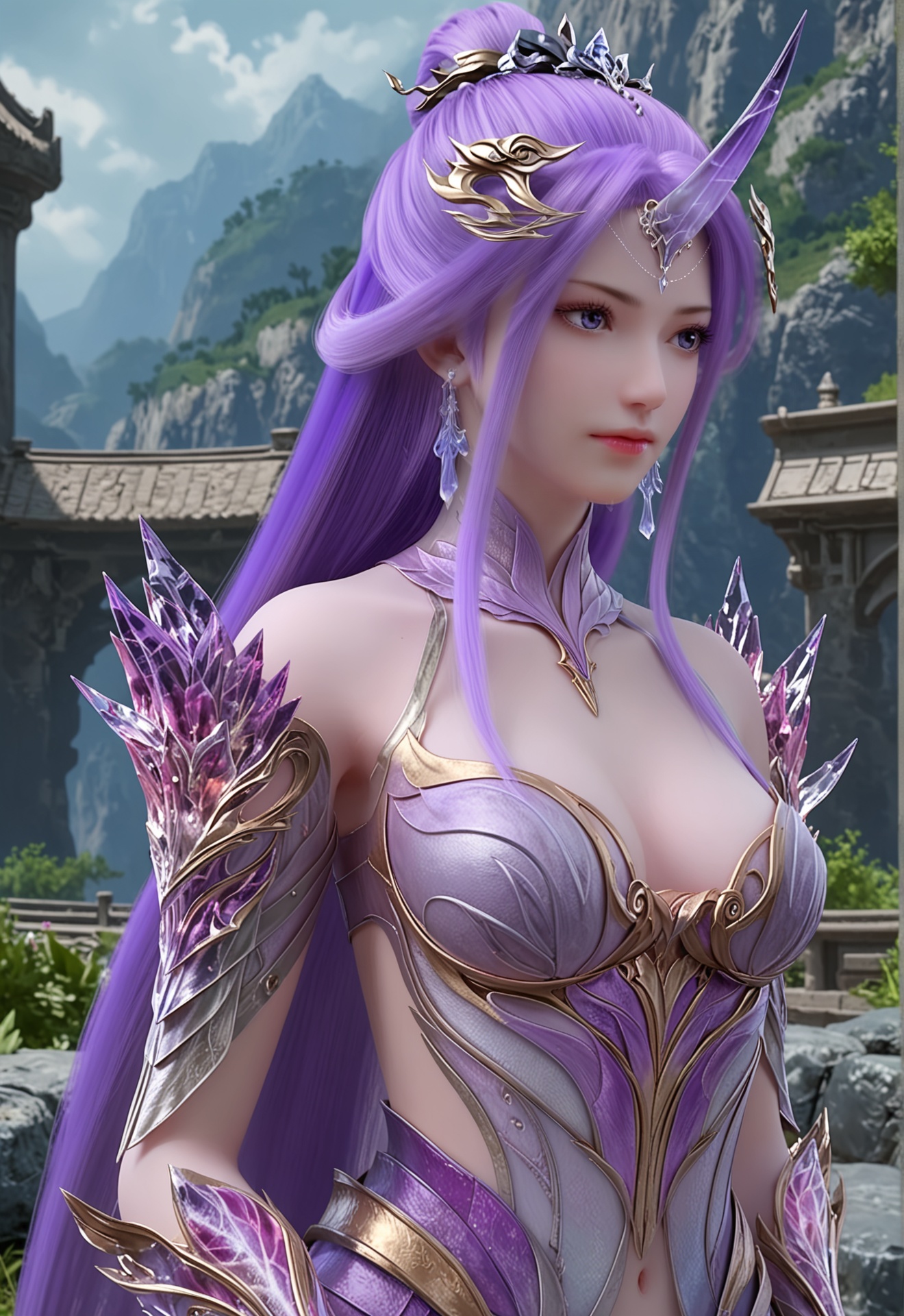 score_9,1girl,long hair,purple hair,earrings,jewelry,solo,breasts,outdoors,horns,bare shoulders,hair ornament,armor,<lora:月灵2:0.8>,