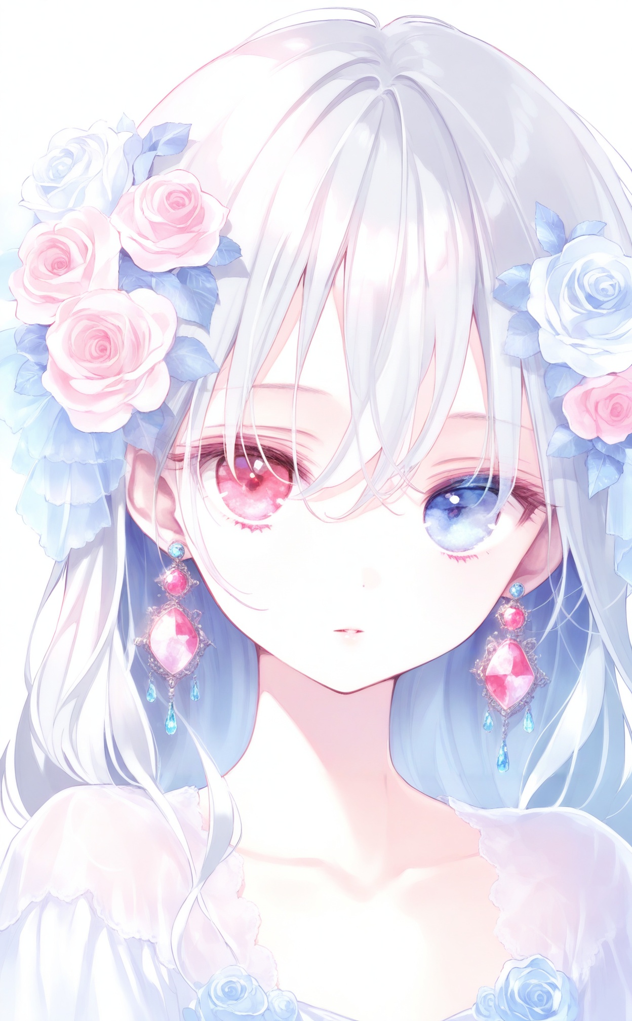 masterpiece,absurdres,best quality,loli,petite,high quality,//,1girl,solo,flower,heterochromia,hair_ornament,hair_flower,blue_eyes,jewelry,earrings,long_hair,red_eyes,looking_at_viewer,rose,white_background,white_hair,blue_flower,simple_background,portrait,white_flower,collarbone,pink_flower,gem,parted_lips,pink_rose,white_rose,expressionless,dress,pink_eyes,blue_rose,closed_mouth,hair_between_eyes,grey_hair,blue_gemstone,//,<lora:chun_paretto2——【noob】hans:1>,