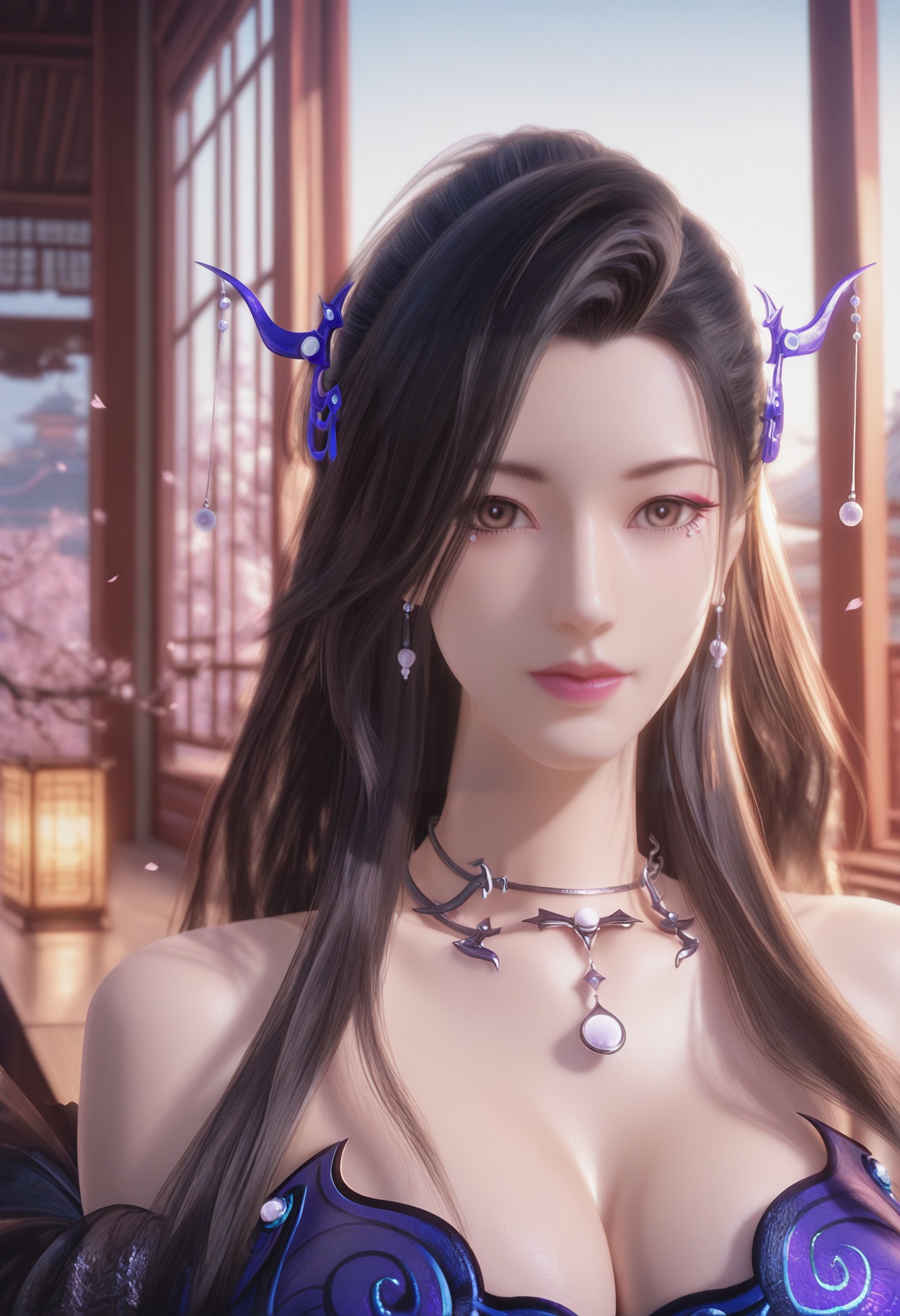 Chao_nvyao,1girl,black hair,hair ornament,jewelry,long hair,earrings,bare shoulders,cleavage,necklace,makeup,brown eyes,<lora:Chao_nvyao_5_illu-000016:0.75>,dress,purple dress,blue dress,detached sleeves,wide sleeves,photorealistic,hyperrealistic,<lora:realistic filter [IL]:1>,standing,(upper body:1.2),close up,head shot,lantern,open window,looking at viewer,indoors,mountains,blossoms,flowers,east asian architecture,beautiful sunrise,warm ambient temperature,