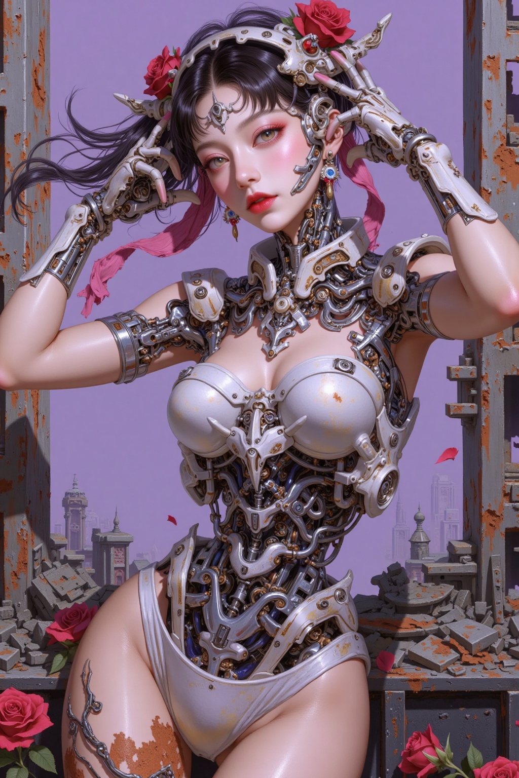 chahua,houtu,yuanhua,YXMX,Houtu,a Chinese woman,choker,cybermachine woman,half human and half mechanical,mechanical style comparison,mechanical part with rust,the mechanical styles on her body resemble those of a beetle,red lips,roses,long hair,slip dress,delicate accessories,necklace,earrings,oil painting brushstrokes,purple and red tones,standing on ruins.,