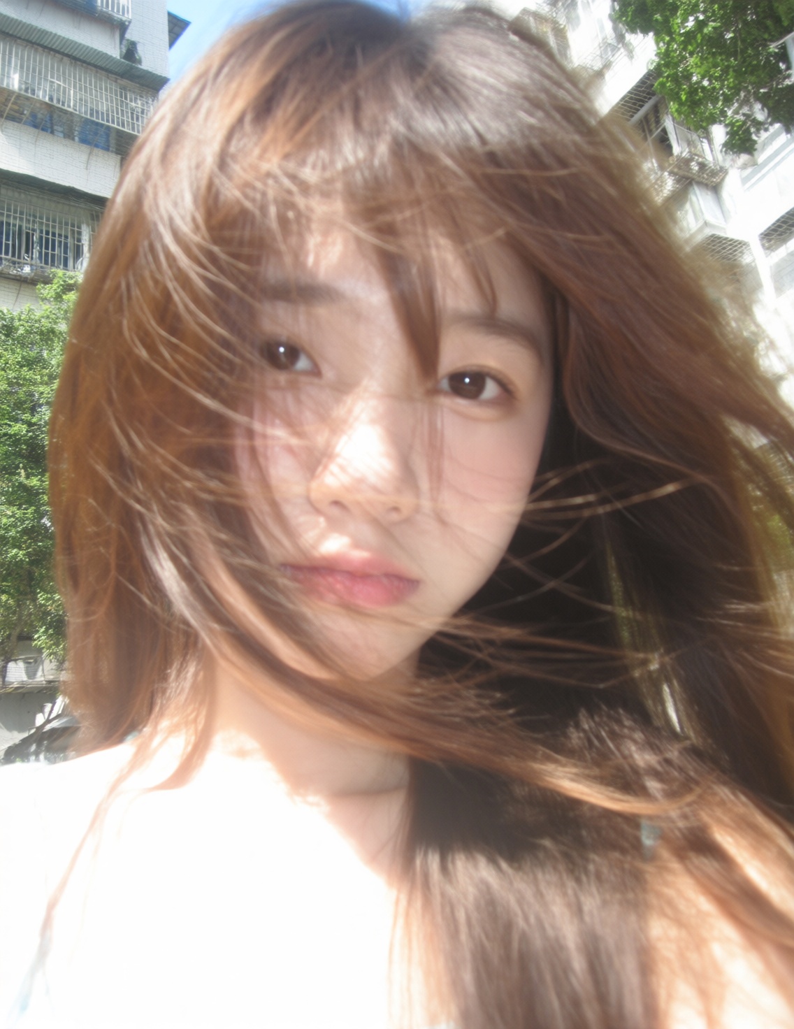 ccd拍摄风格,生活快照风格,抓拍风格,夏日氛围,自然光,特写,手机拍摄质感,局部轻微过曝,轻微动态模糊,一张充满动感的夏日自拍特写,在一个阳光灿烂的户外,一阵风猛地吹来,将女孩柔顺的棕色长发吹得凌乱,发丝动态地拂过并遮住了她的大半张脸,尽管如此,透过飞舞发丝的缝隙,她的一双眼睛依然平静地直视着镜头,她的表情自然,嘴唇微抿,显得有些随性,强烈的自然光线直射在她的脸上,形成了局部过曝的明亮光斑,也让每一根发丝都清晰可见,充满了真实的生活气息,背景是模糊的居民楼和绿树,, Negative prompt: ng_deepnegative_v1_75t,(badhandv4:1.2),EasyNegative,(worst quality:2),,nsfw, Steps: 25, Sampler: Euler, CFG scale: 4.0, Seed: 32003811, Size: 1140x1472, Model hash: 98763a1277, Model: Qwen-Image_1.0.safetensors, Denoising strength: 0, RNG: CPU, Lora 1: Qwen CCD真实氛围感拍摄风格, Lora Hash 1: 5c52298996, Lora Weight 1: 0.8, vae_name: automatic
