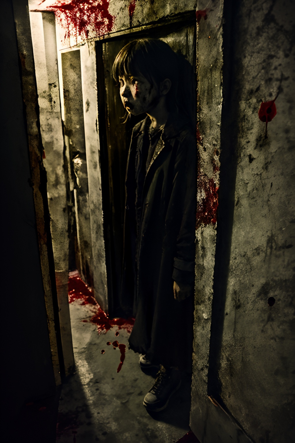 1girl,<lora:loneliness_15_v2>,night,dark,1girl,blood on face,scared,holding a bone,full body,