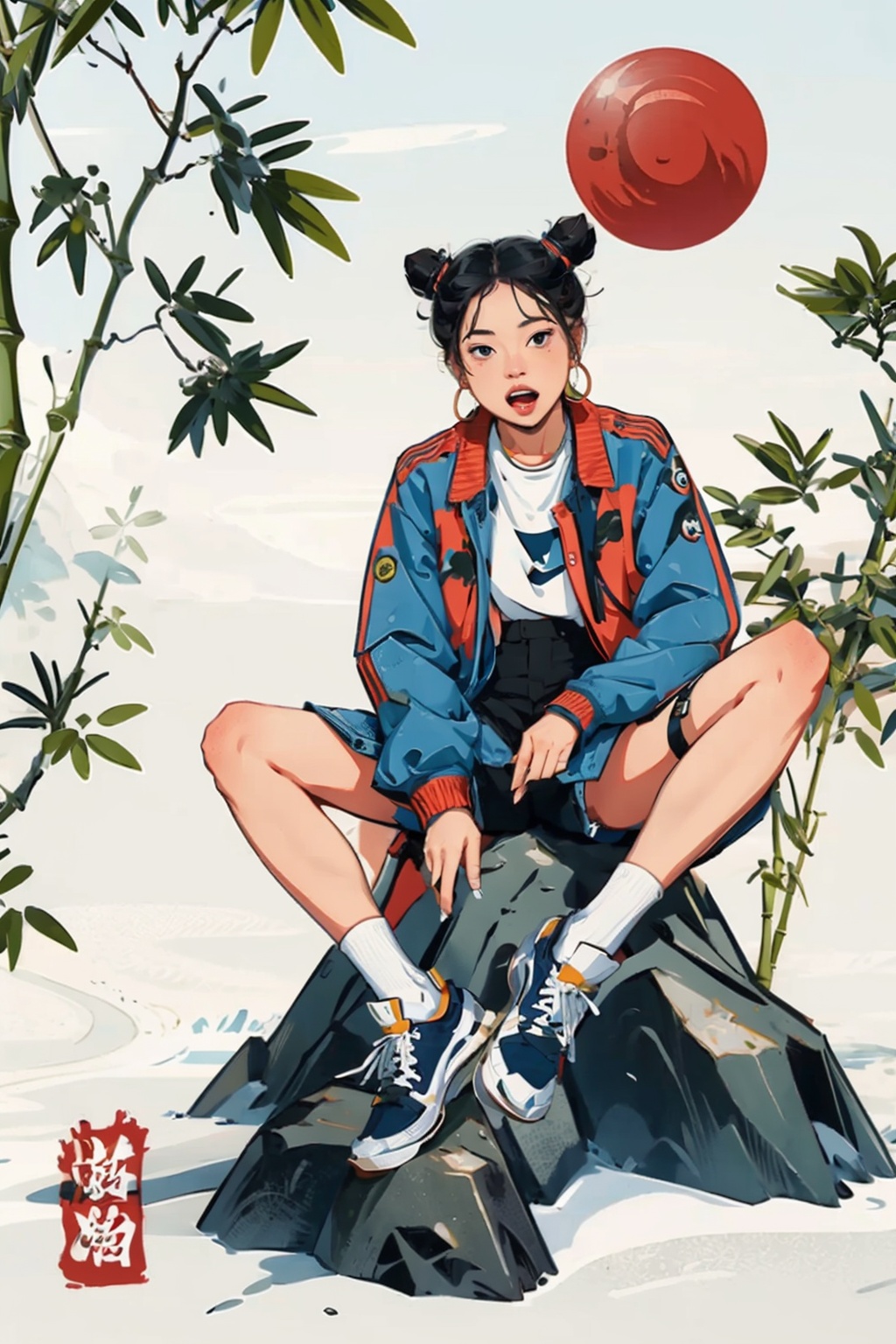 ((masterpiece)), best quality, perfect anatomy,8K wallpaper,mChinaChic, 1girl, solo, full body, bird, double bun, black hair,  bamboo, hoop earrings, blue jacket, hair bun, sneakers,  hot pants, black socks, sitting on stone, open mouth, sun, white background, chinese text mark<lora:mChinaChic_v1:0.8>