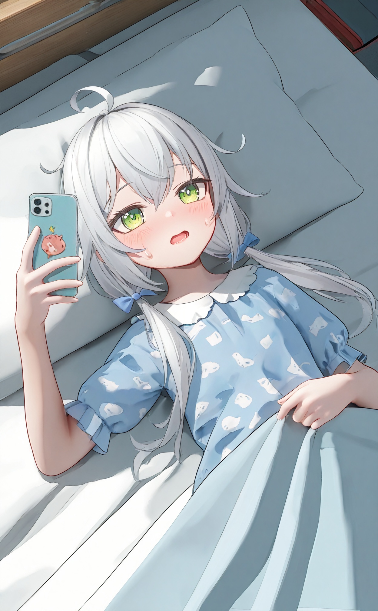 masterpiece,very aware,highres,absurdres,newest,best quality,high quality,loli,petite,chromatic_aberration,cinematic_angle,dutch angle,Light Blue Theme,//,1girl,phone,cellphone,green eyes,solo,grey hair,holding phone,holding,smartphone,long hair,open mouth,pajamas,twintails,short sleeves,under covers,low twintails,blue bow,hair between eyes,hair bow,bow,blue shirt,puffy sleeves,blue pajamas,blanket,bed sheet,shirt,sweatdrop,ahoge,puffy short sleeves,on bed,blush,//,//,<lora:mrIto——【noob】hans:1>,
